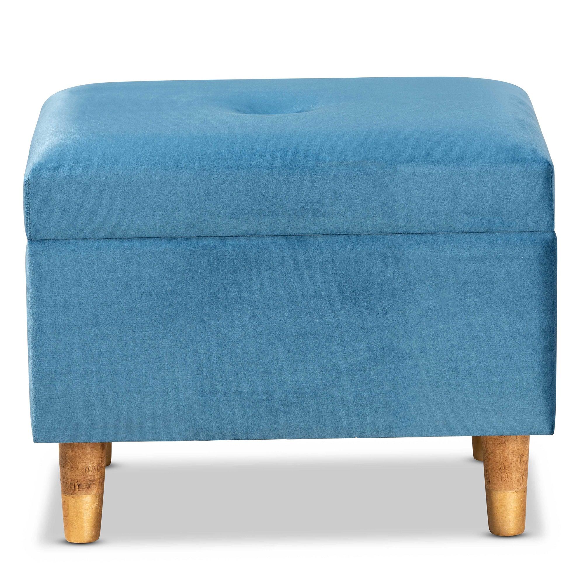 Elias Modern and Contemporary Sky Velvet Fabric Upholstered and Finished Wood Storage Ottoman