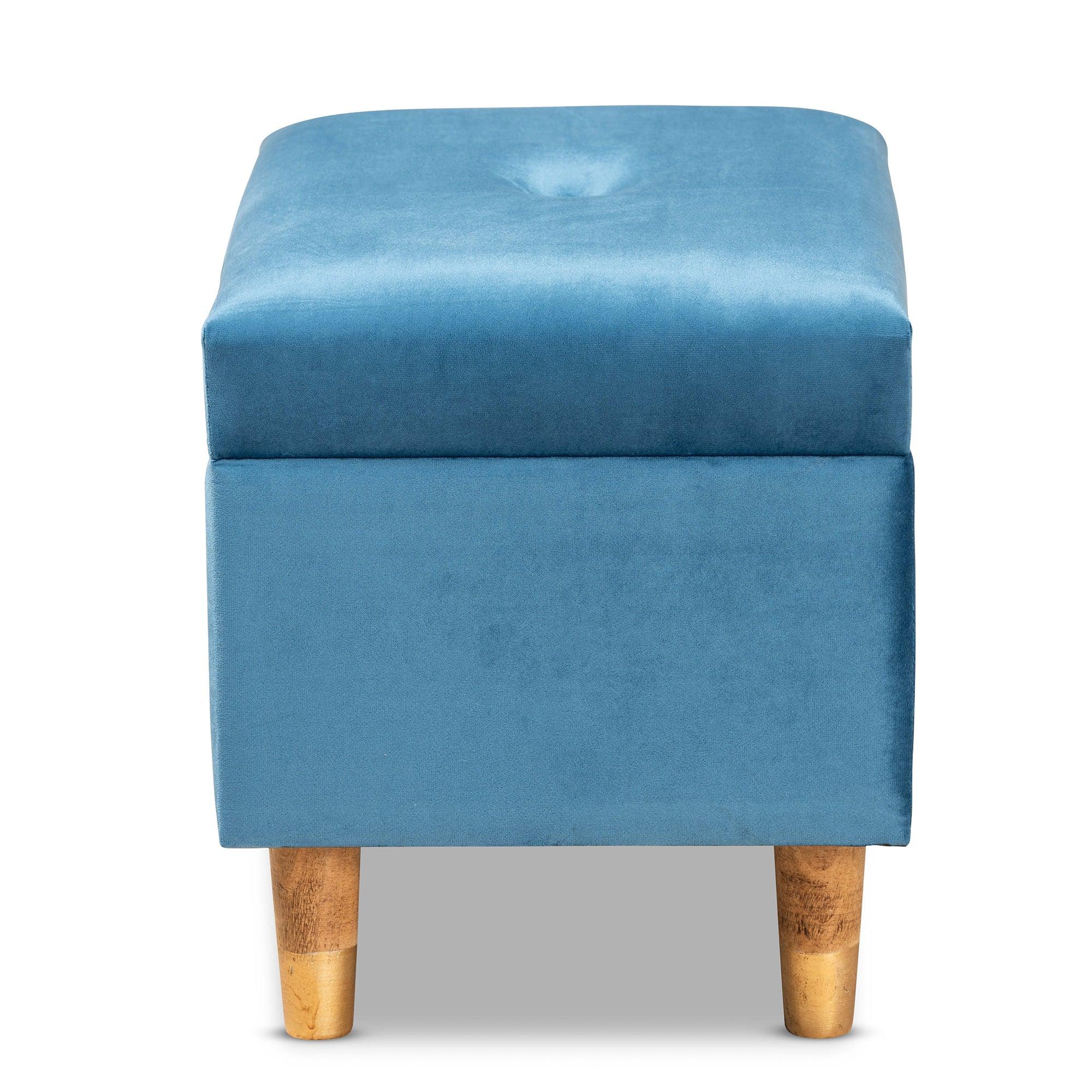 Elias Modern and Contemporary Sky Velvet Fabric Upholstered and Finished Wood Storage Ottoman