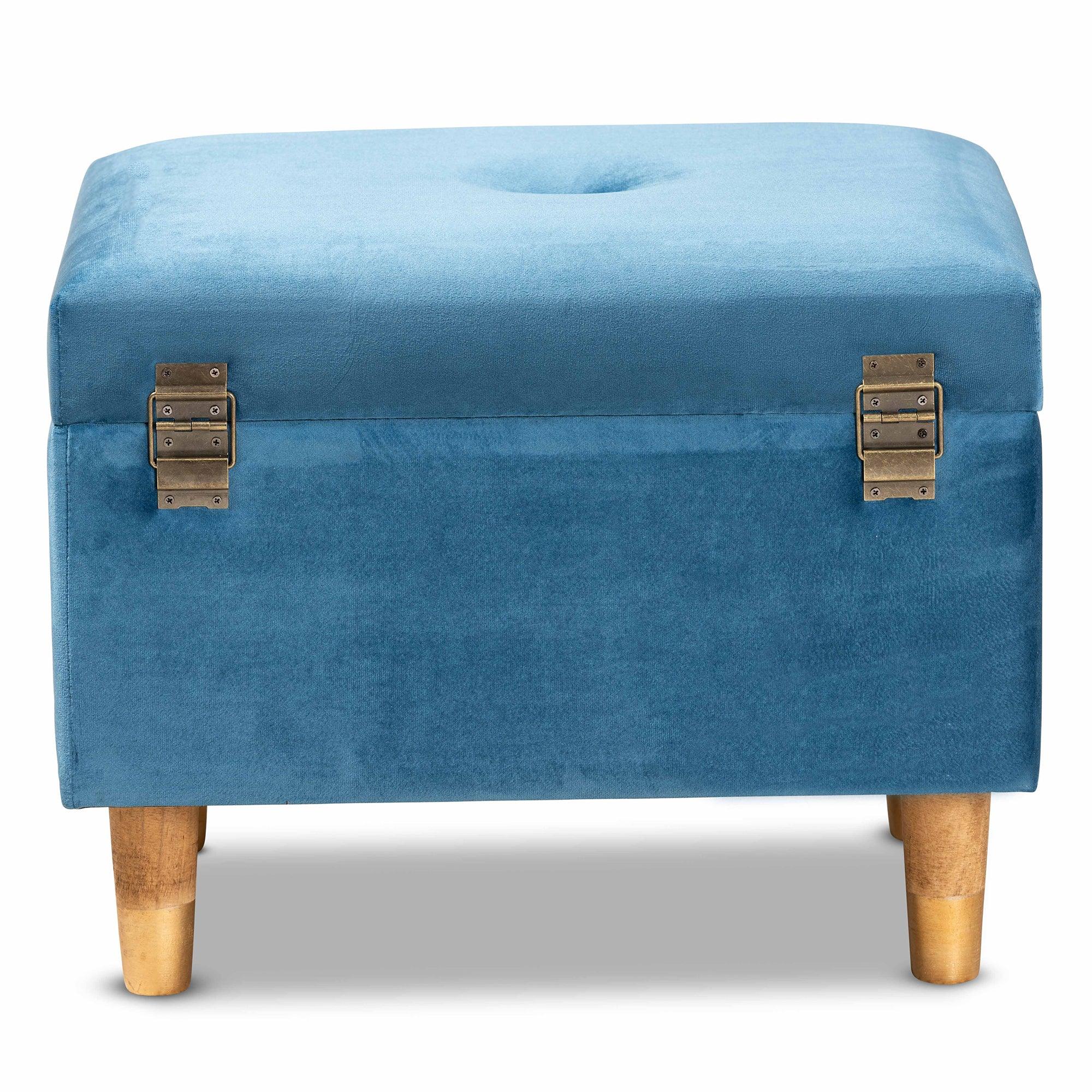 Elias Modern and Contemporary Sky Velvet Fabric Upholstered and Finished Wood Storage Ottoman