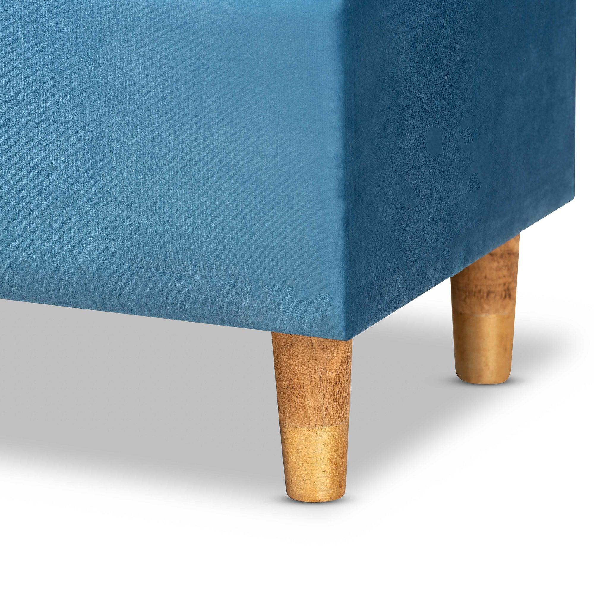 Elias Modern and Contemporary Sky Velvet Fabric Upholstered and Finished Wood Storage Ottoman