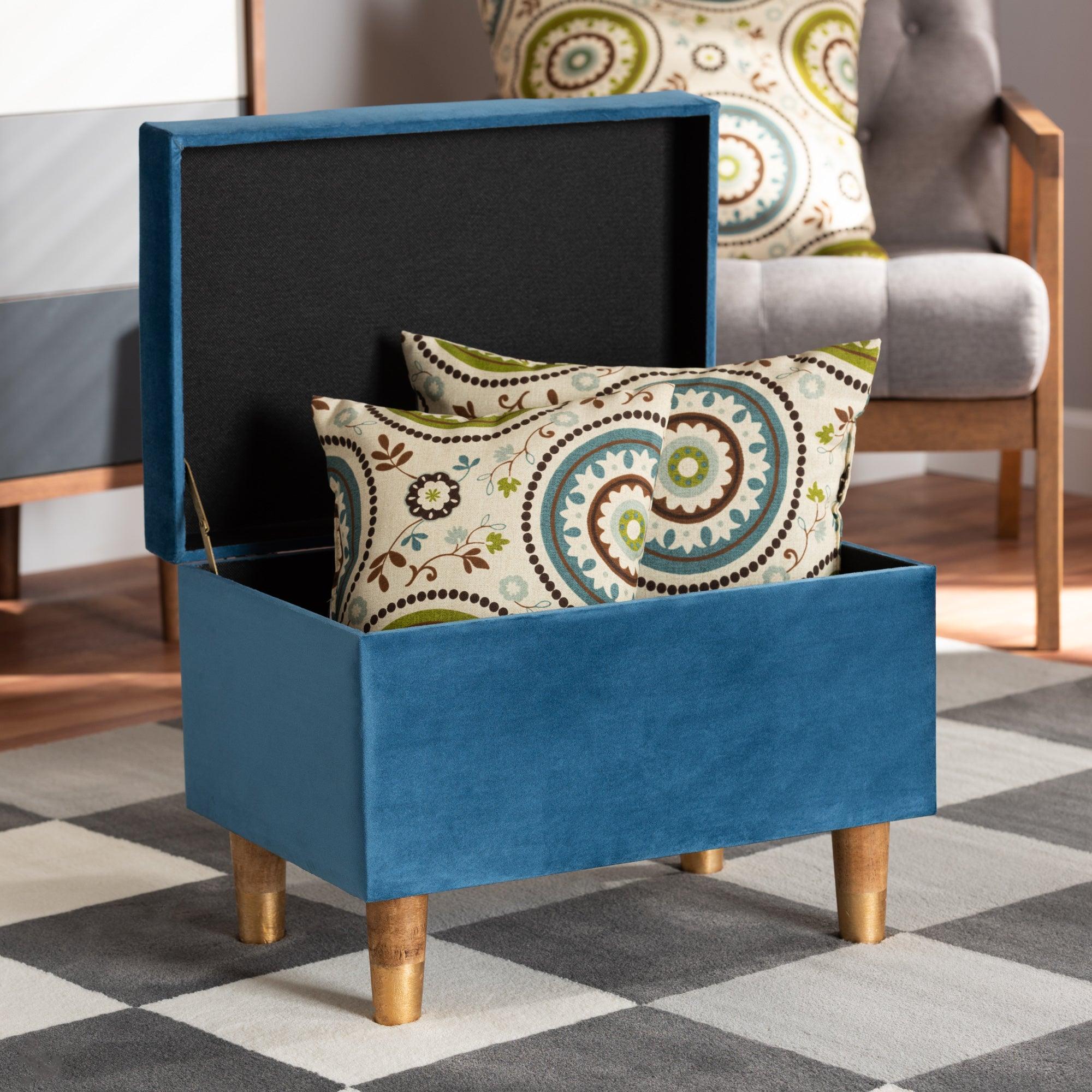 Elias Modern and Contemporary Sky Velvet Fabric Upholstered and Finished Wood Storage Ottoman