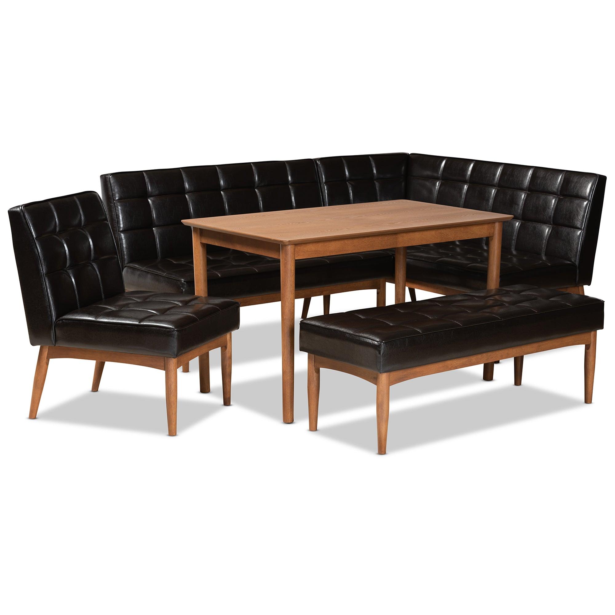 Sanford Mid-Century Modern Faux Leather Upholstered and Finished Wood 5-Piece Dining Nook Set