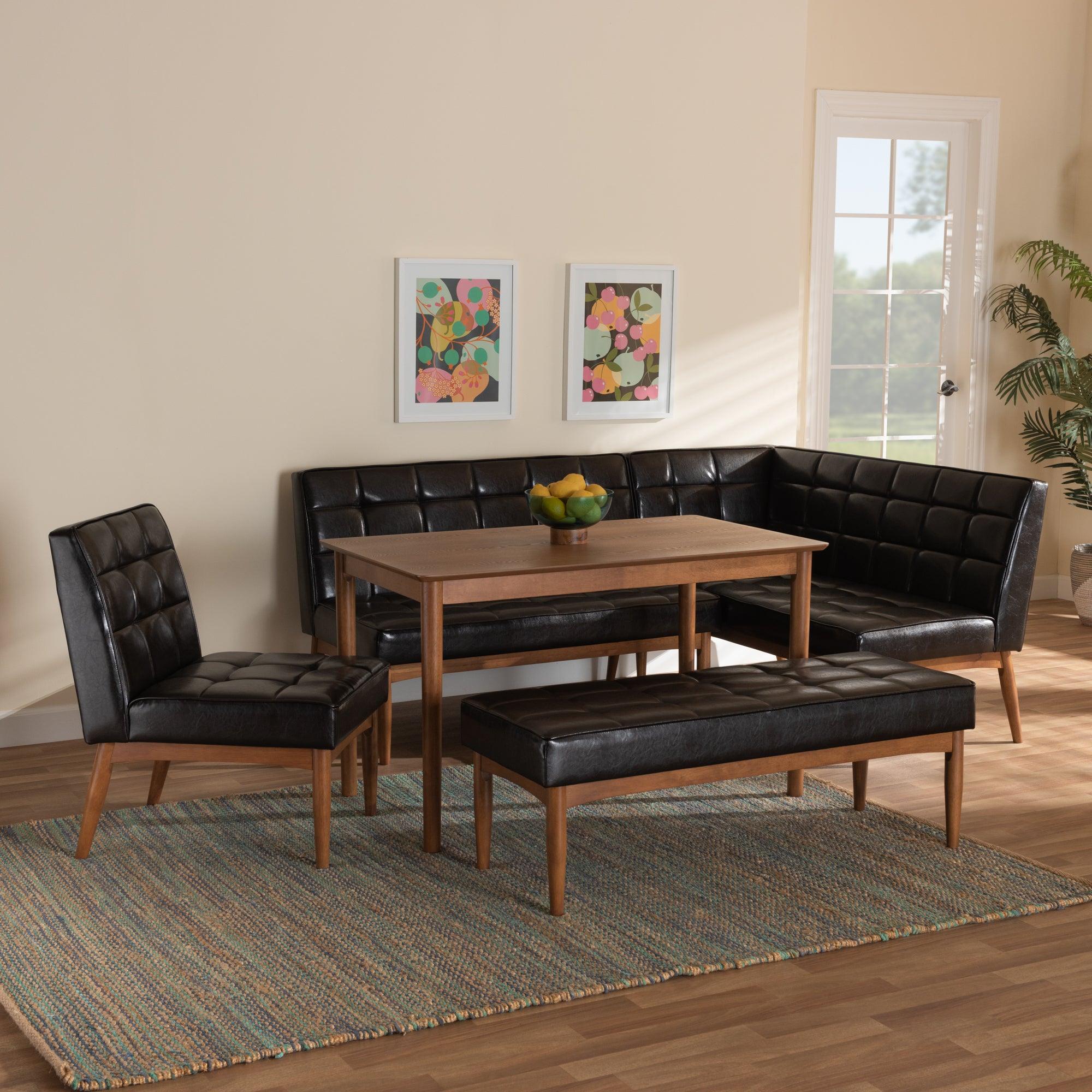 Sanford Mid-Century Modern Faux Leather Upholstered and Finished Wood 5-Piece Dining Nook Set