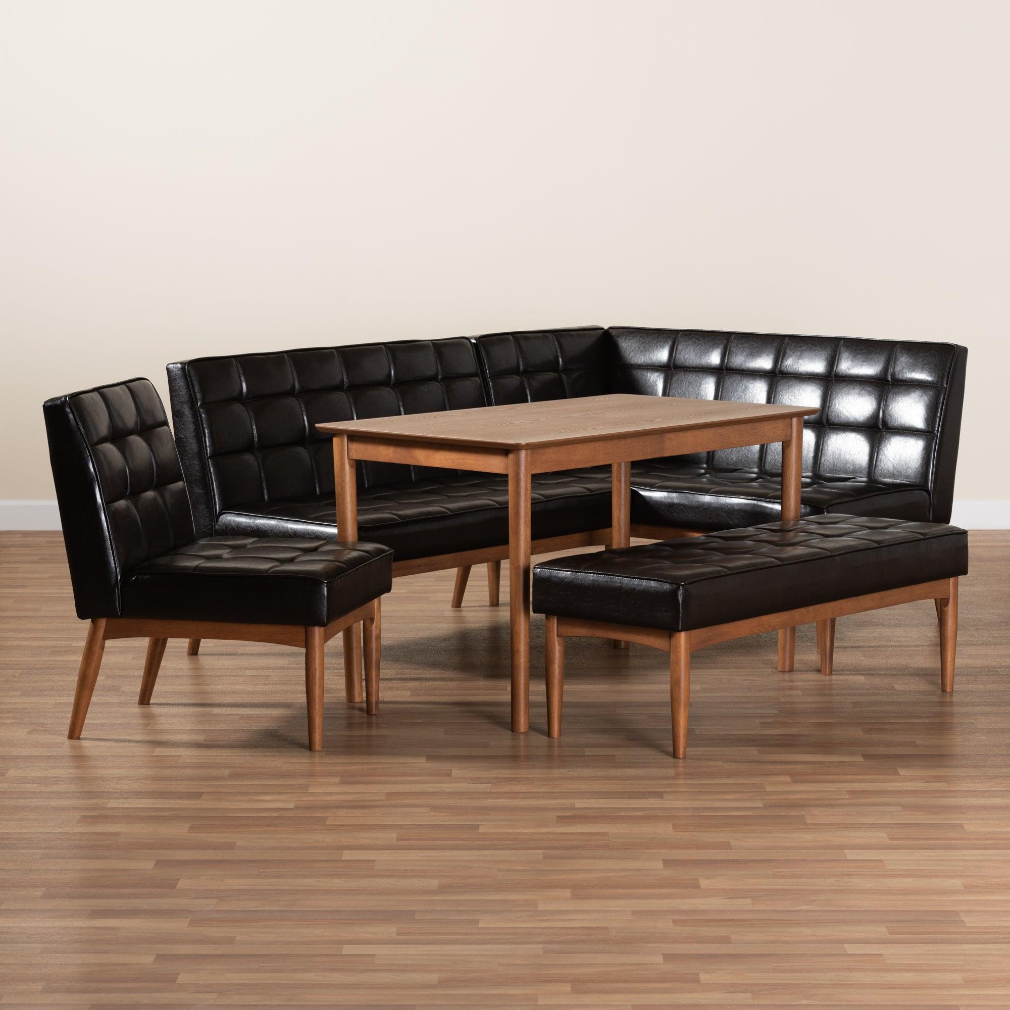 Sanford Mid-Century Modern Faux Leather Upholstered and Finished Wood 5-Piece Dining Nook Set