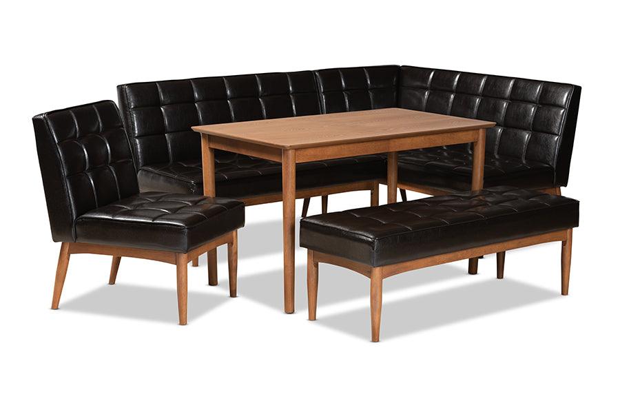 Sanford Mid-Century Modern Faux Leather Upholstered and Finished Wood 5-Piece Dining Nook Set