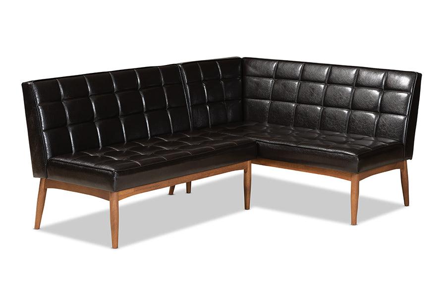 Sanford Mid-Century Modern Faux Leather Upholstered and Finished Wood 2-Piece Dining Nook Banquette Set