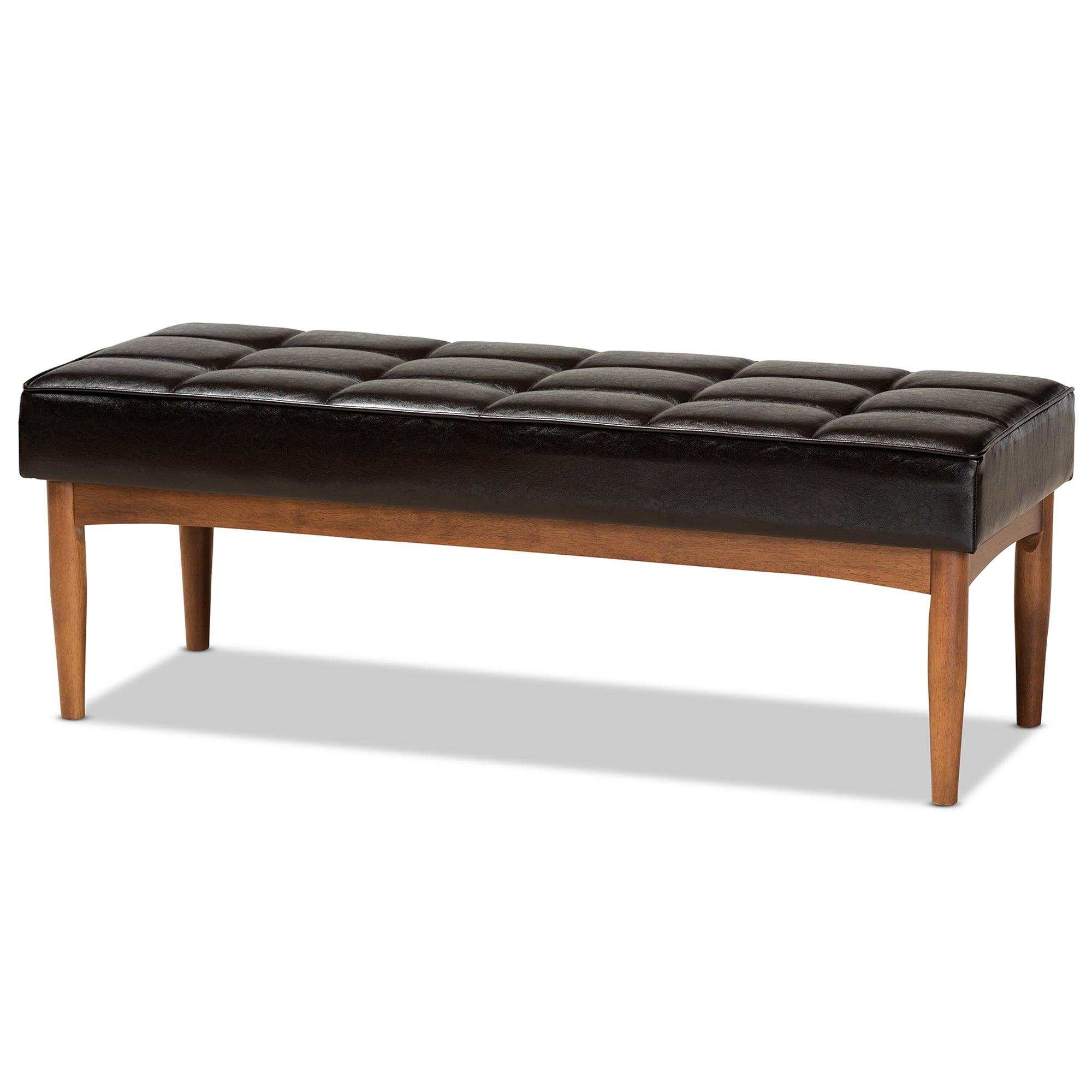 Sanford Mid-Century Modern Faux Leather Upholstered and Finished Wood Dining Bench