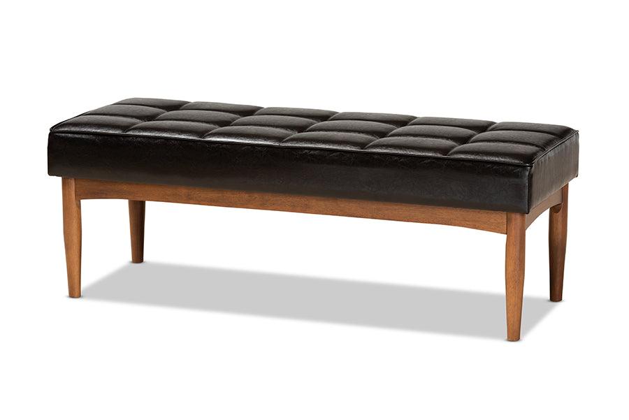 Sanford Mid-Century Modern Faux Leather Upholstered and Finished Wood Dining Bench