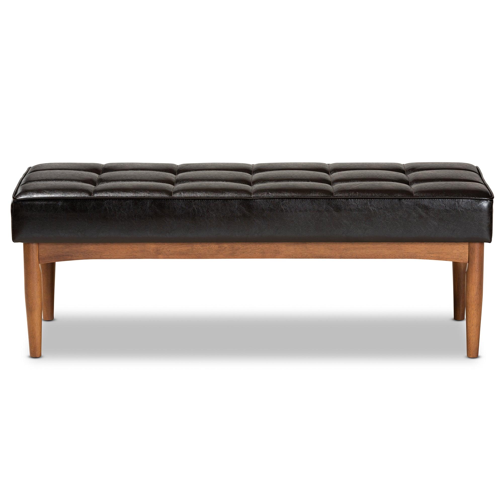 Sanford Mid-Century Modern Faux Leather Upholstered and Finished Wood Dining Bench