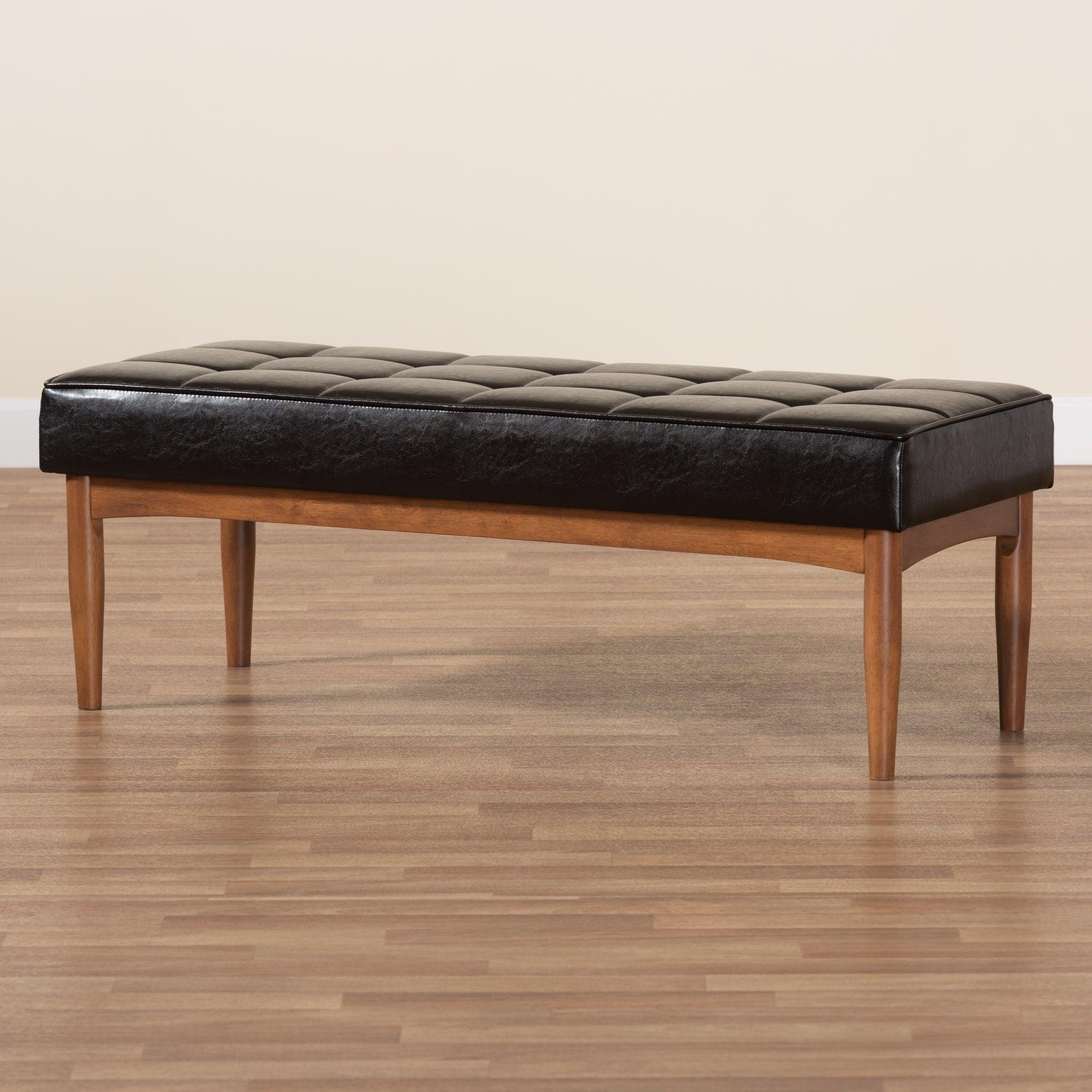 Sanford Mid-Century Modern Faux Leather Upholstered and Finished Wood Dining Bench