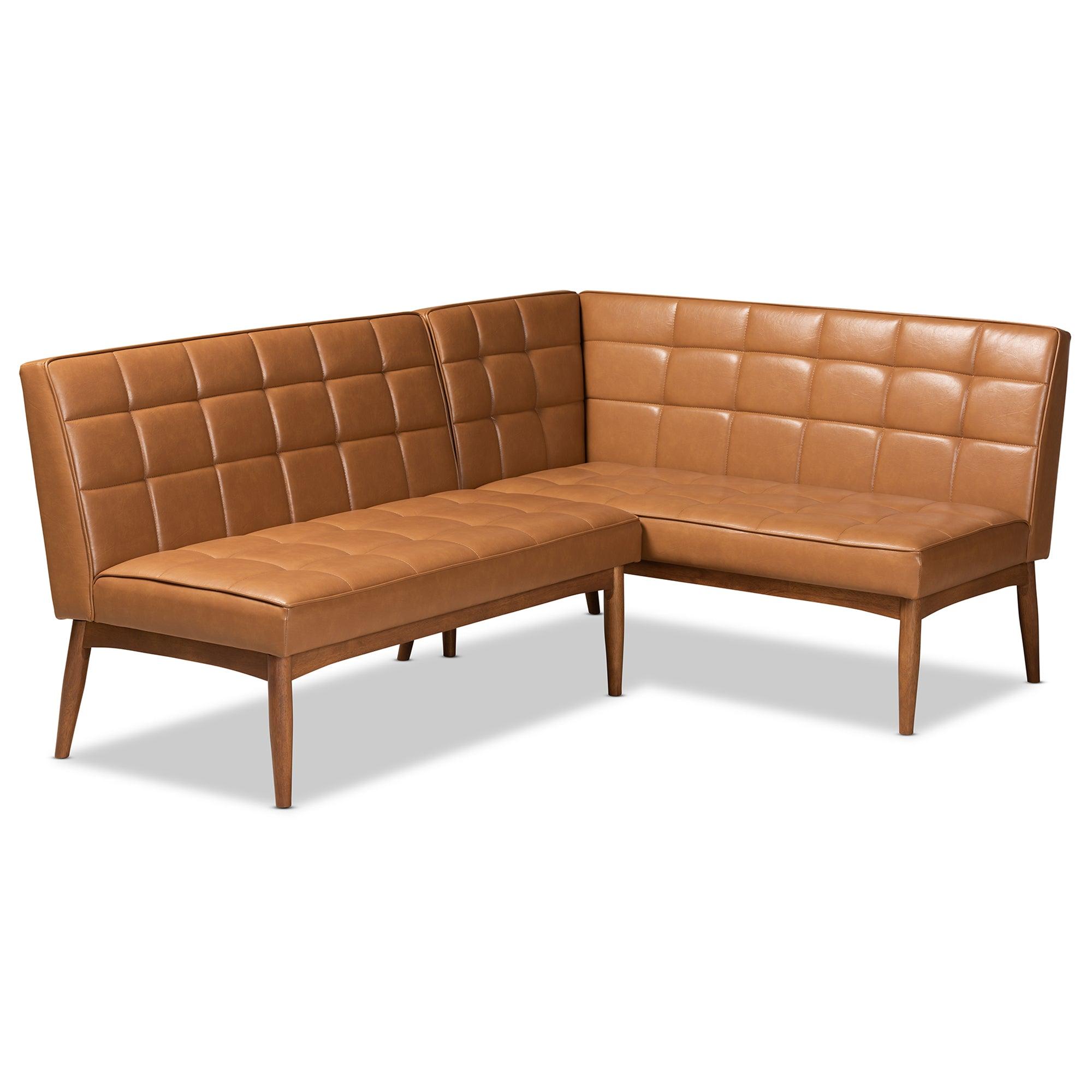 Sanford Mid-Century Modern Faux Leather Upholstered and Finished Wood 2-Piece Dining Nook Banquette Set