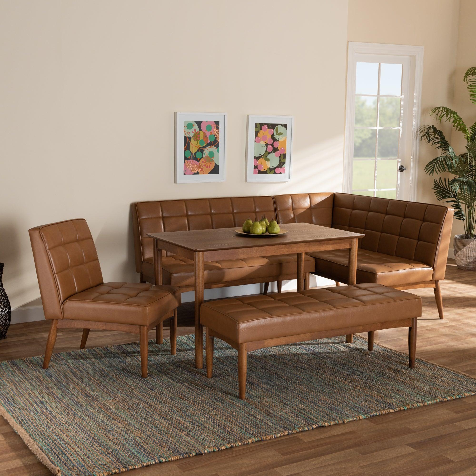 Sanford Mid-Century Modern Faux Leather Upholstered and Finished Wood 5-Piece Dining Nook Set