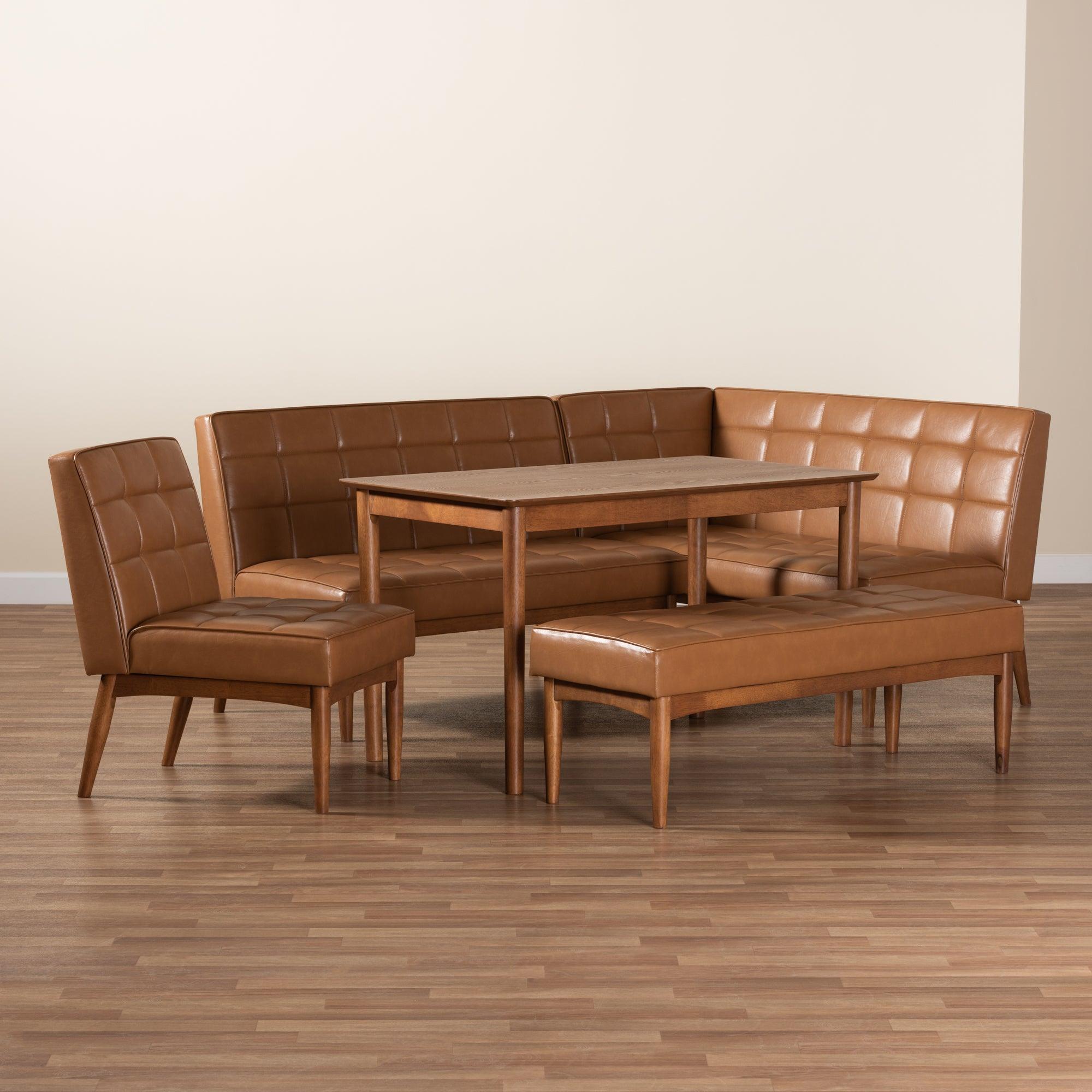 Sanford Mid-Century Modern Faux Leather Upholstered and Finished Wood 5-Piece Dining Nook Set