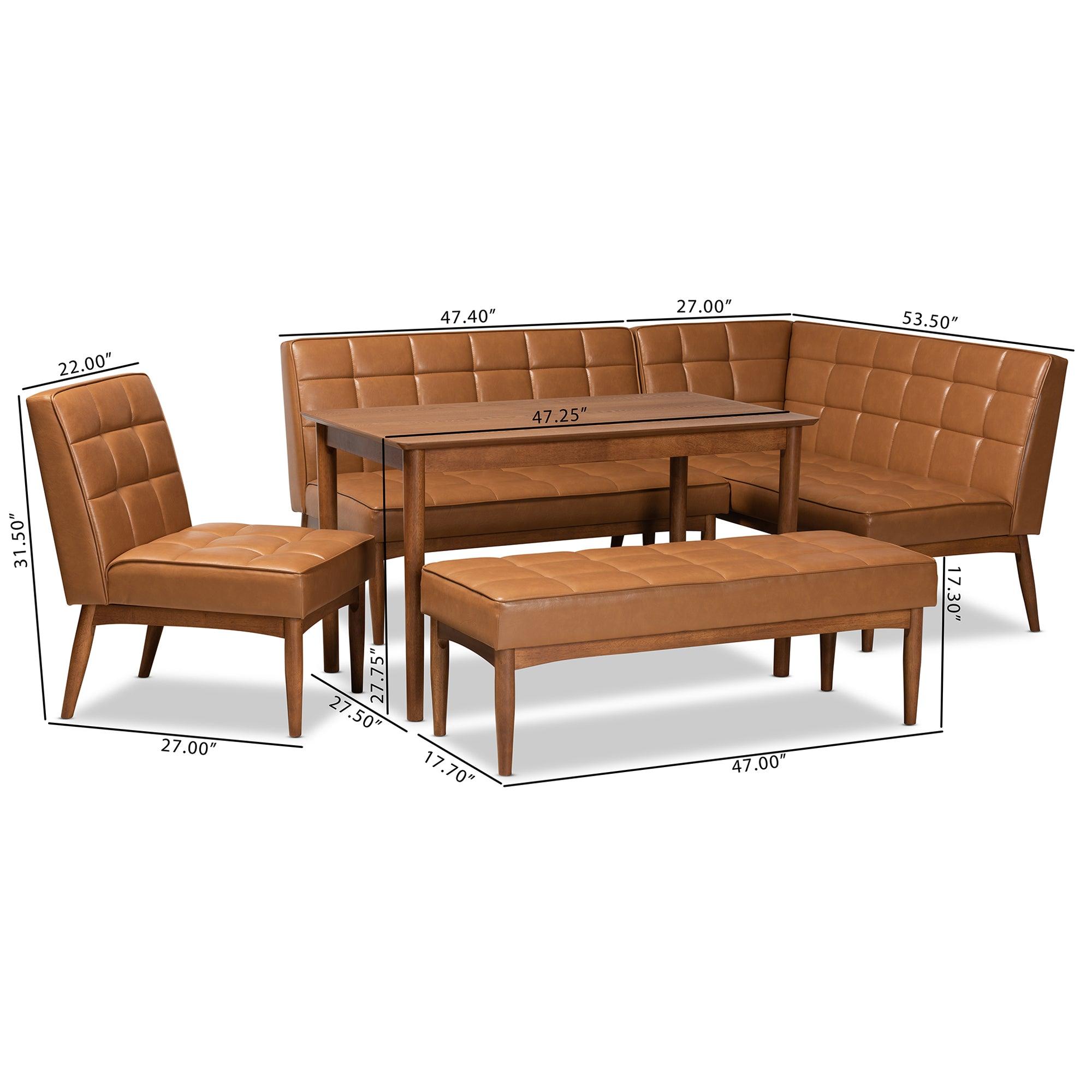 Sanford Mid-Century Modern Faux Leather Upholstered and Finished Wood 5-Piece Dining Nook Set