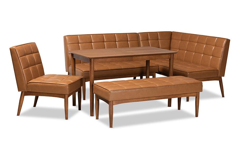 Sanford Mid-Century Modern Faux Leather Upholstered and Finished Wood 5-Piece Dining Nook Set