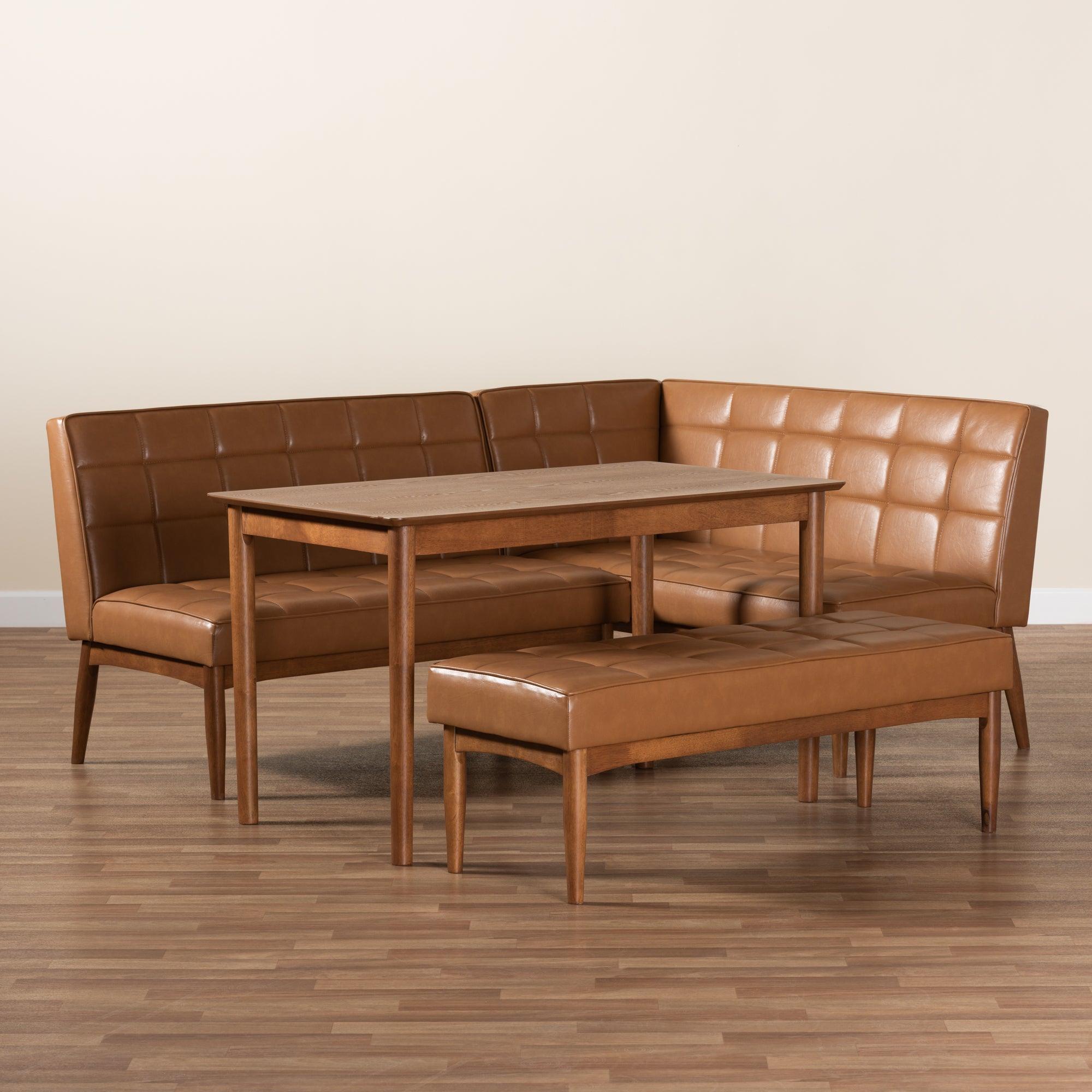 Sanford Mid-Century Modern Faux Leather Upholstered and Finished Wood 4-Piece Dining Nook Set