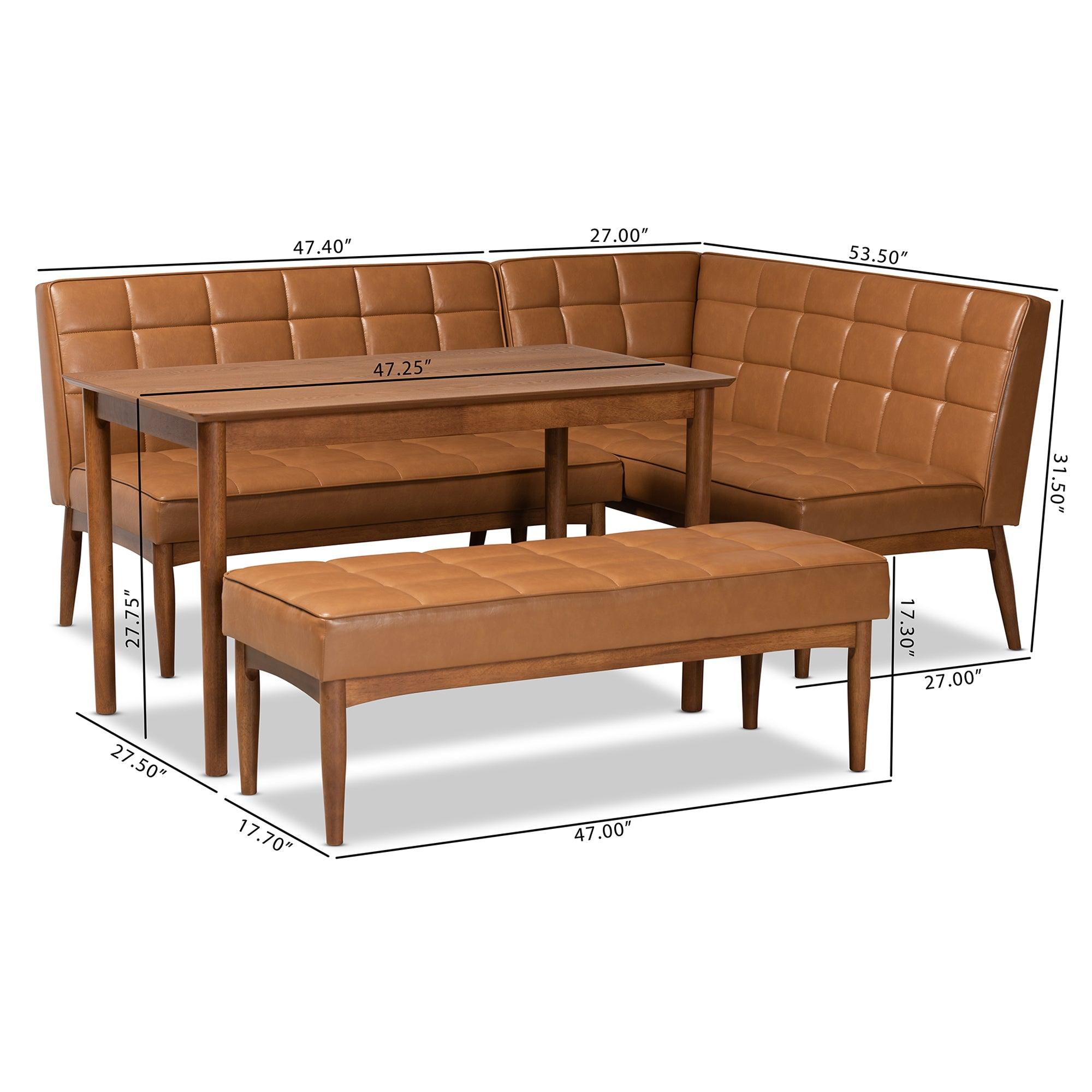 Sanford Mid-Century Modern Faux Leather Upholstered and Finished Wood 4-Piece Dining Nook Set