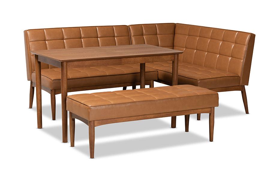 Sanford Mid-Century Modern Faux Leather Upholstered and Finished Wood 4-Piece Dining Nook Set