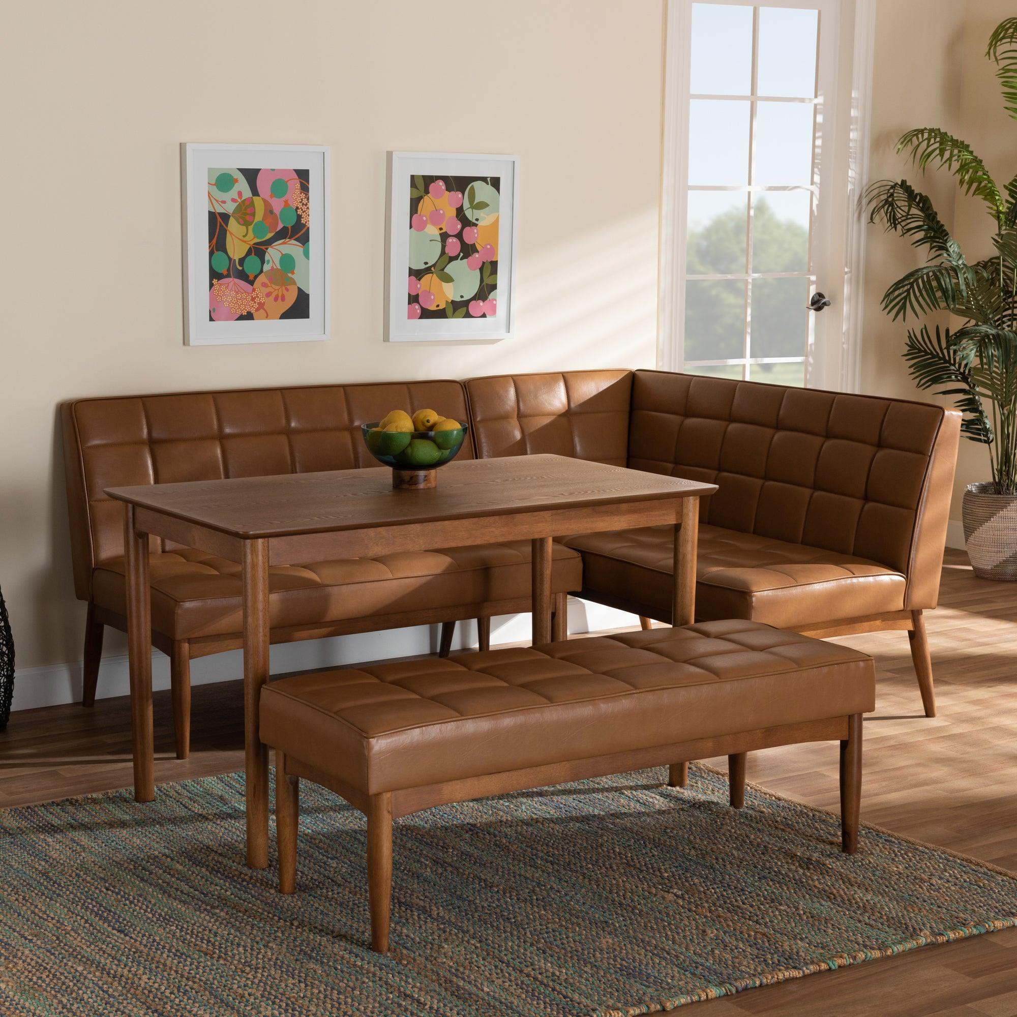 Sanford Mid-Century Modern Faux Leather Upholstered and Finished Wood 4-Piece Dining Nook Set