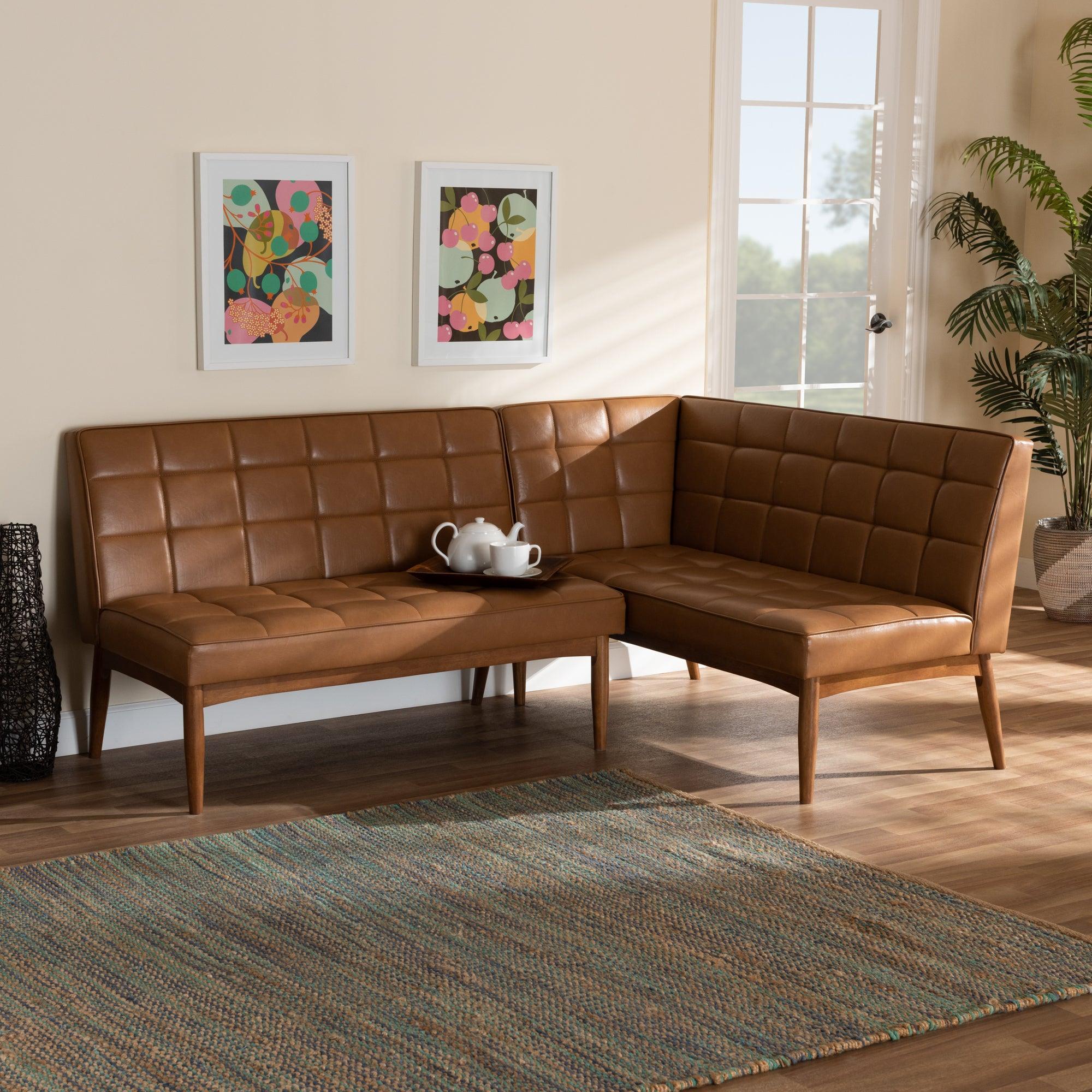 Sanford Mid-Century Modern Faux Leather Upholstered and Finished Wood 2-Piece Dining Nook Banquette Set