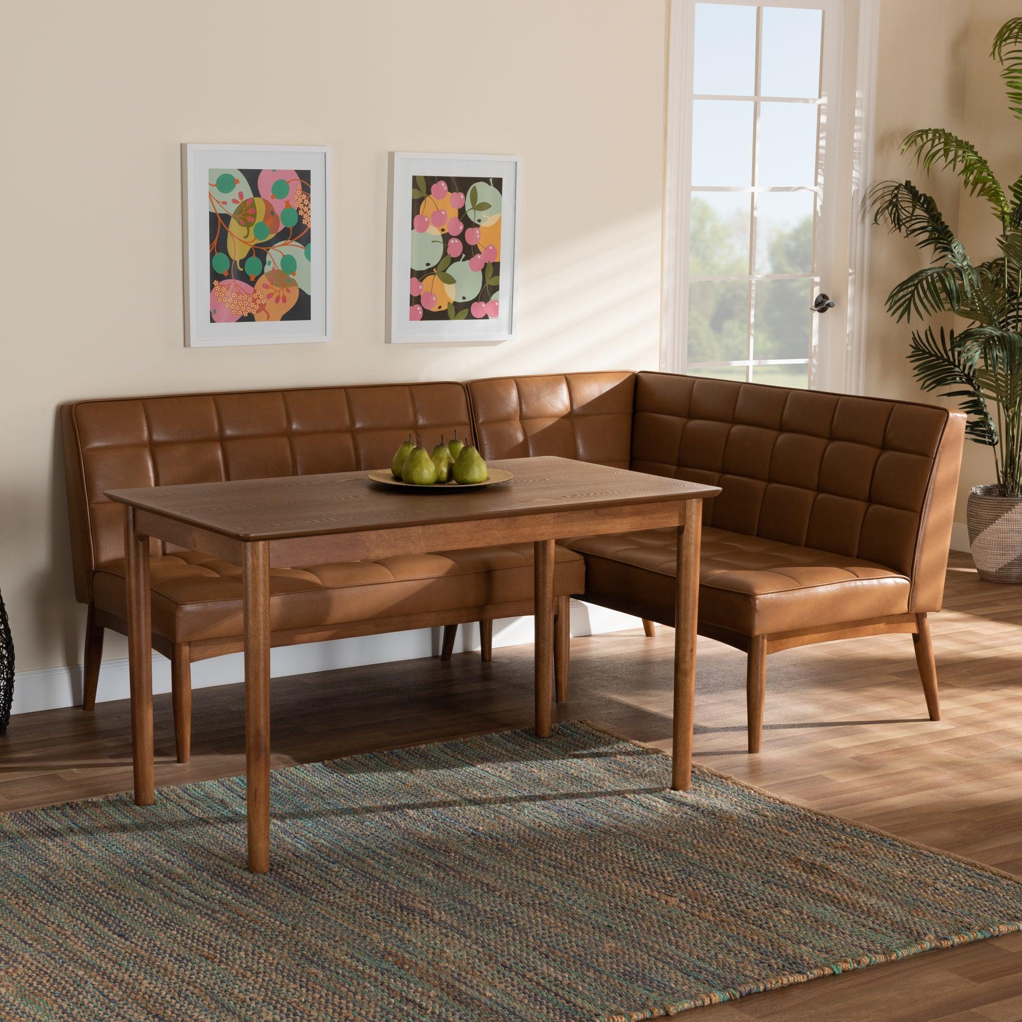 Sanford Mid-Century Modern Faux Leather Upholstered and Finished Wood 3-Piece Dining Nook Set