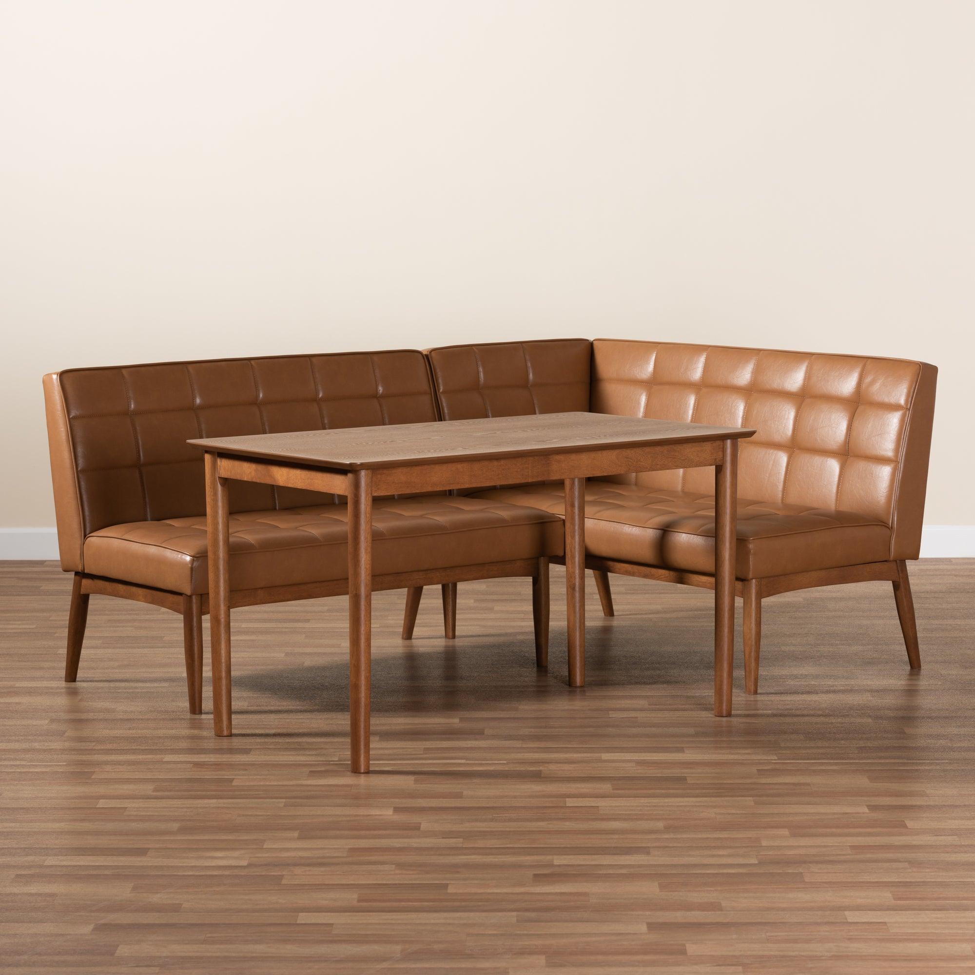 Sanford Mid-Century Modern Faux Leather Upholstered and Finished Wood 3-Piece Dining Nook Set