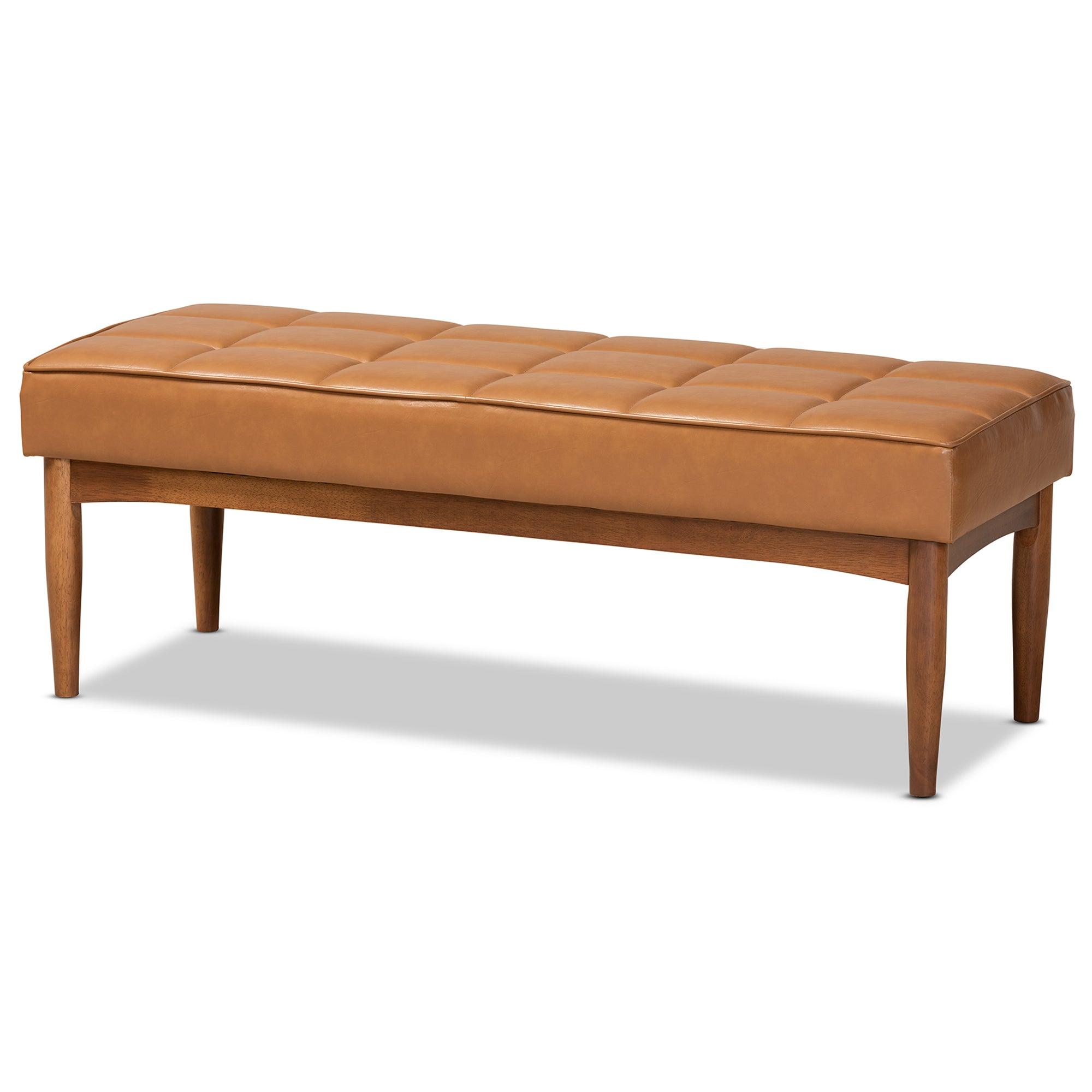 Sanford Mid-Century Modern Faux Leather Upholstered and Finished Wood Dining Bench