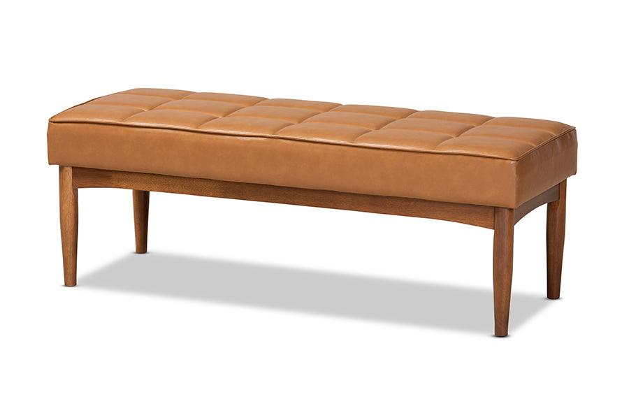 Sanford Mid-Century Modern Faux Leather Upholstered and Finished Wood Dining Bench