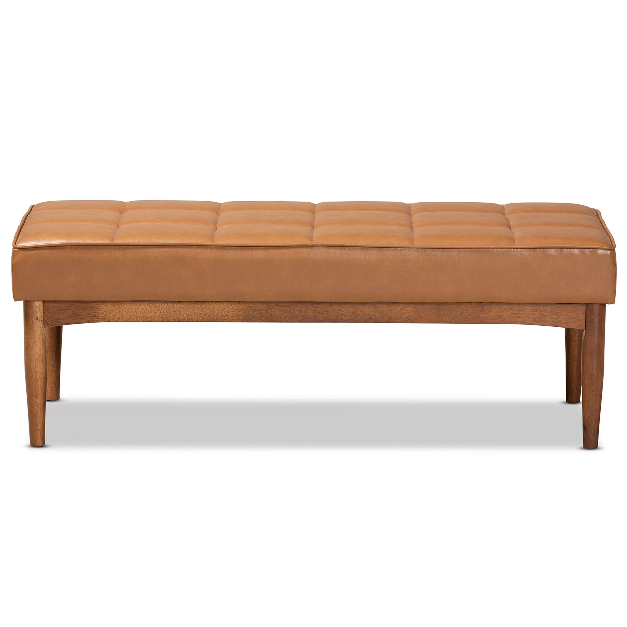 Sanford Mid-Century Modern Faux Leather Upholstered and Finished Wood Dining Bench