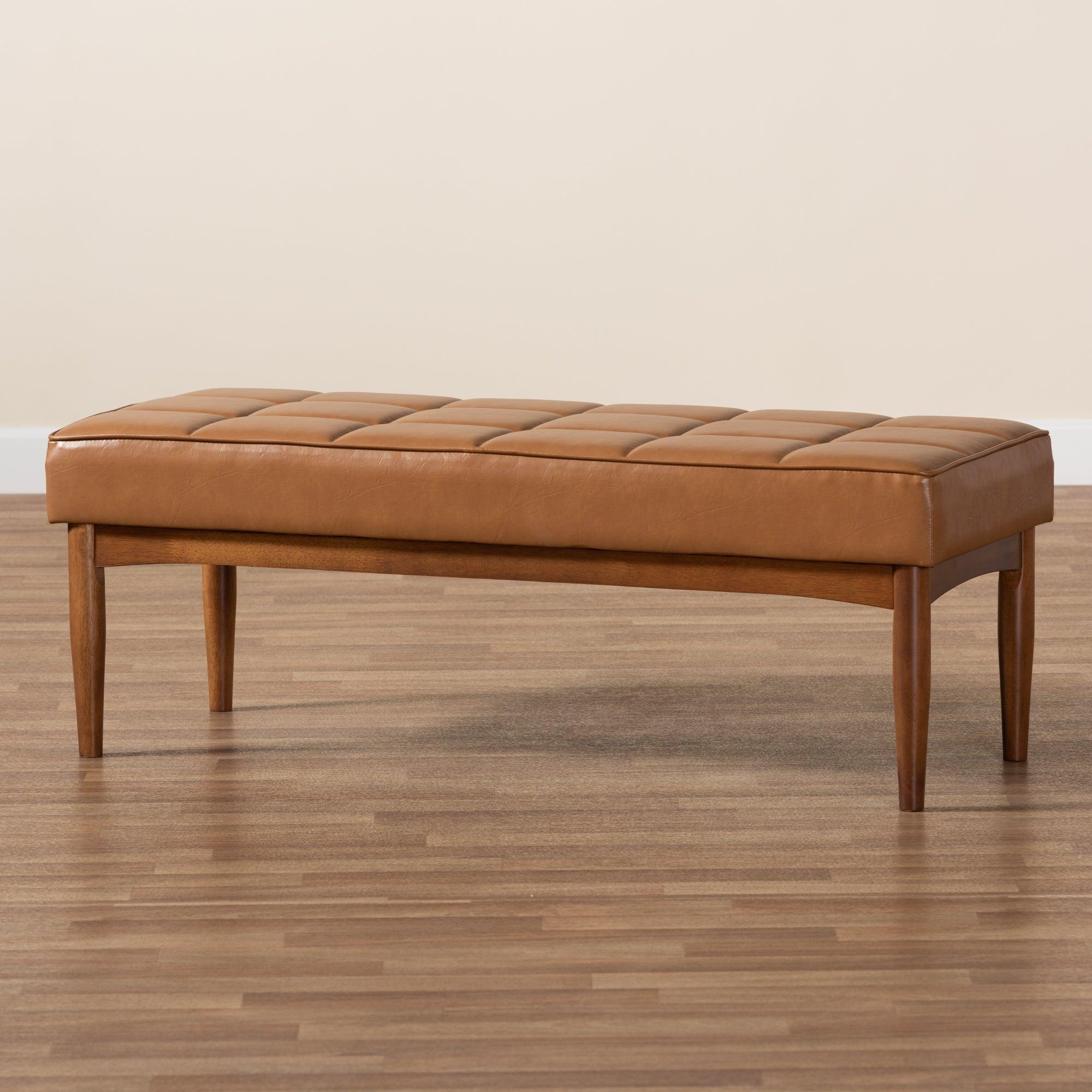 Sanford Mid-Century Modern Faux Leather Upholstered and Finished Wood Dining Bench