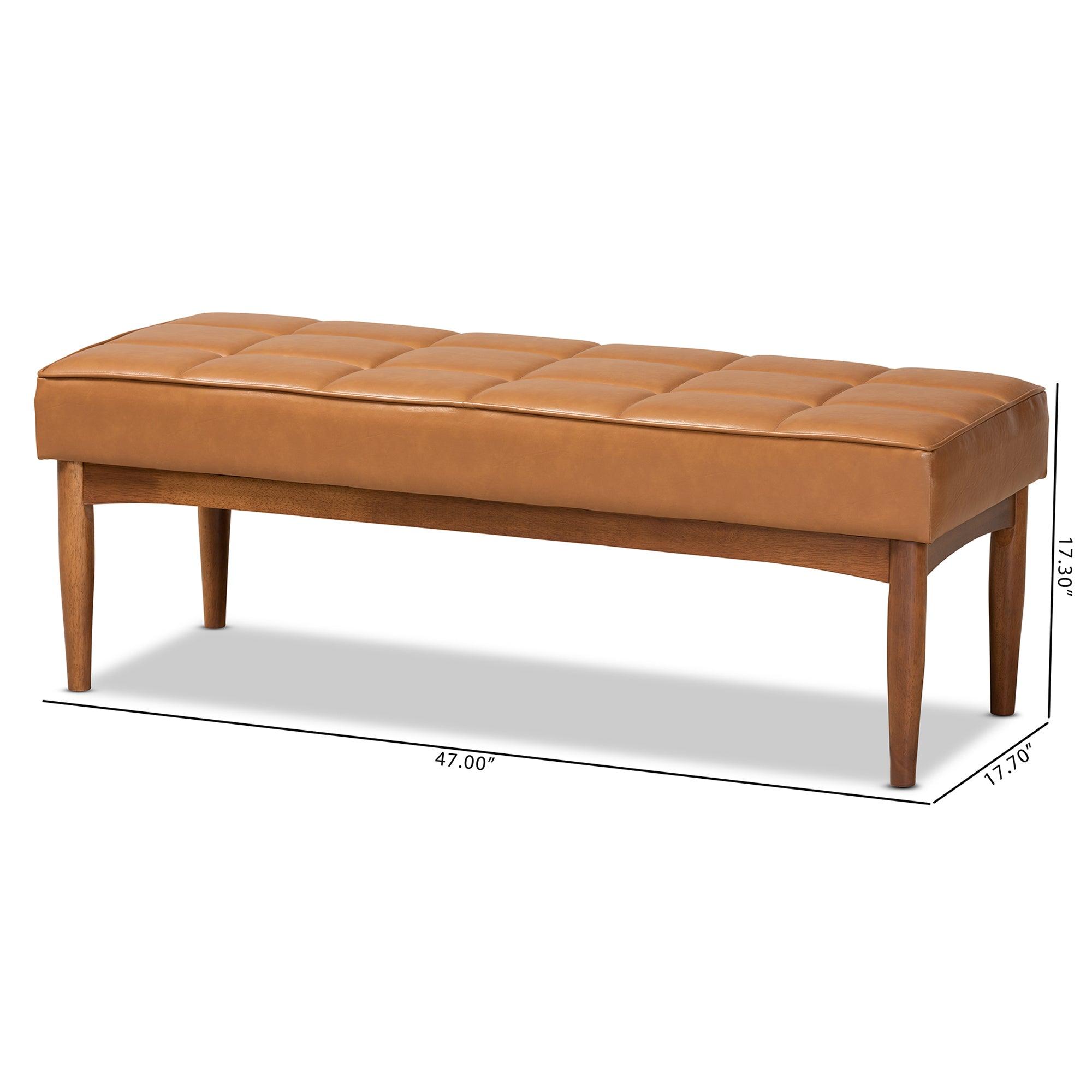 Sanford Mid-Century Modern Faux Leather Upholstered and Finished Wood Dining Bench