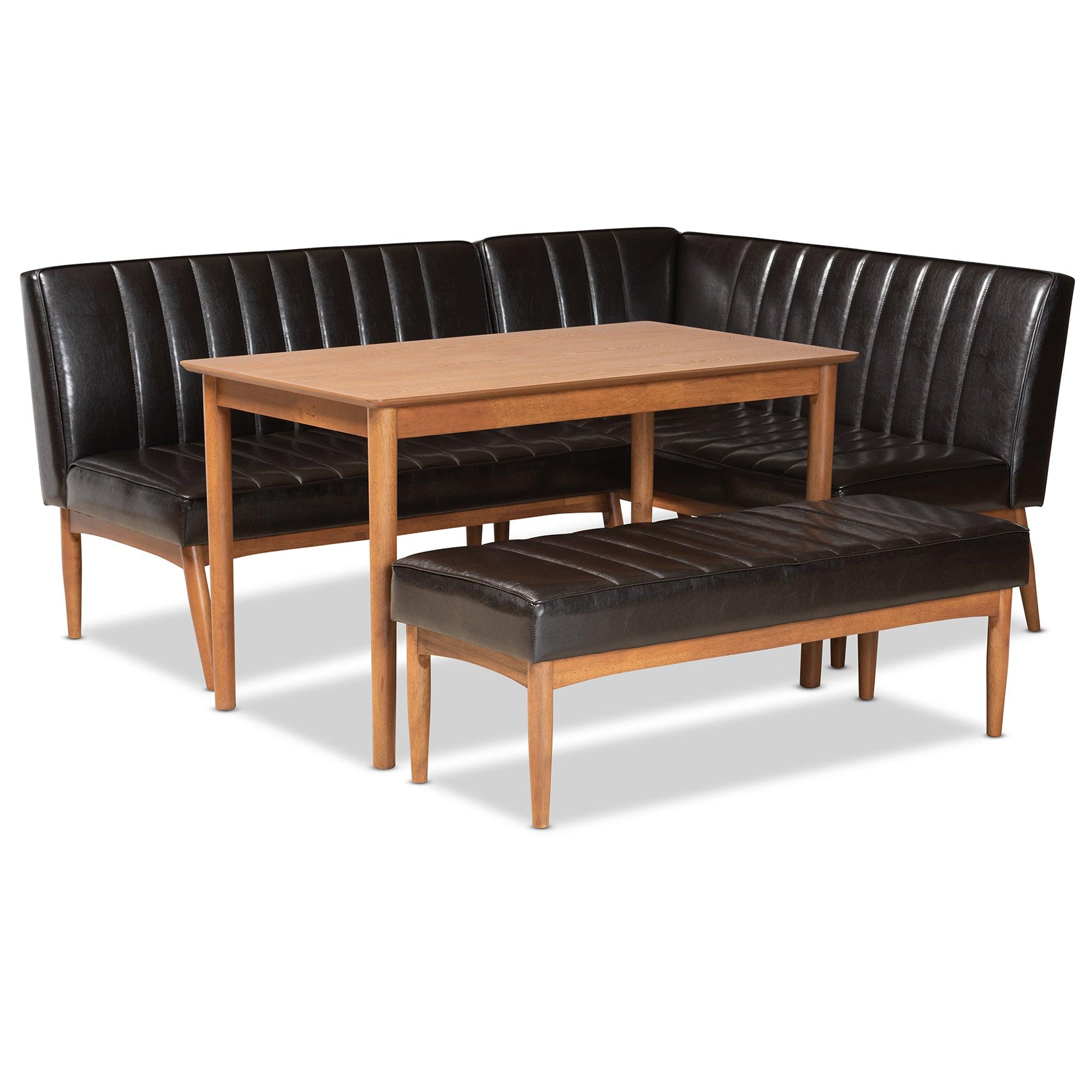 Daymond Mid-Century Modern Faux Leather Upholstered and Finished Wood 4-Piece Dining Nook Set