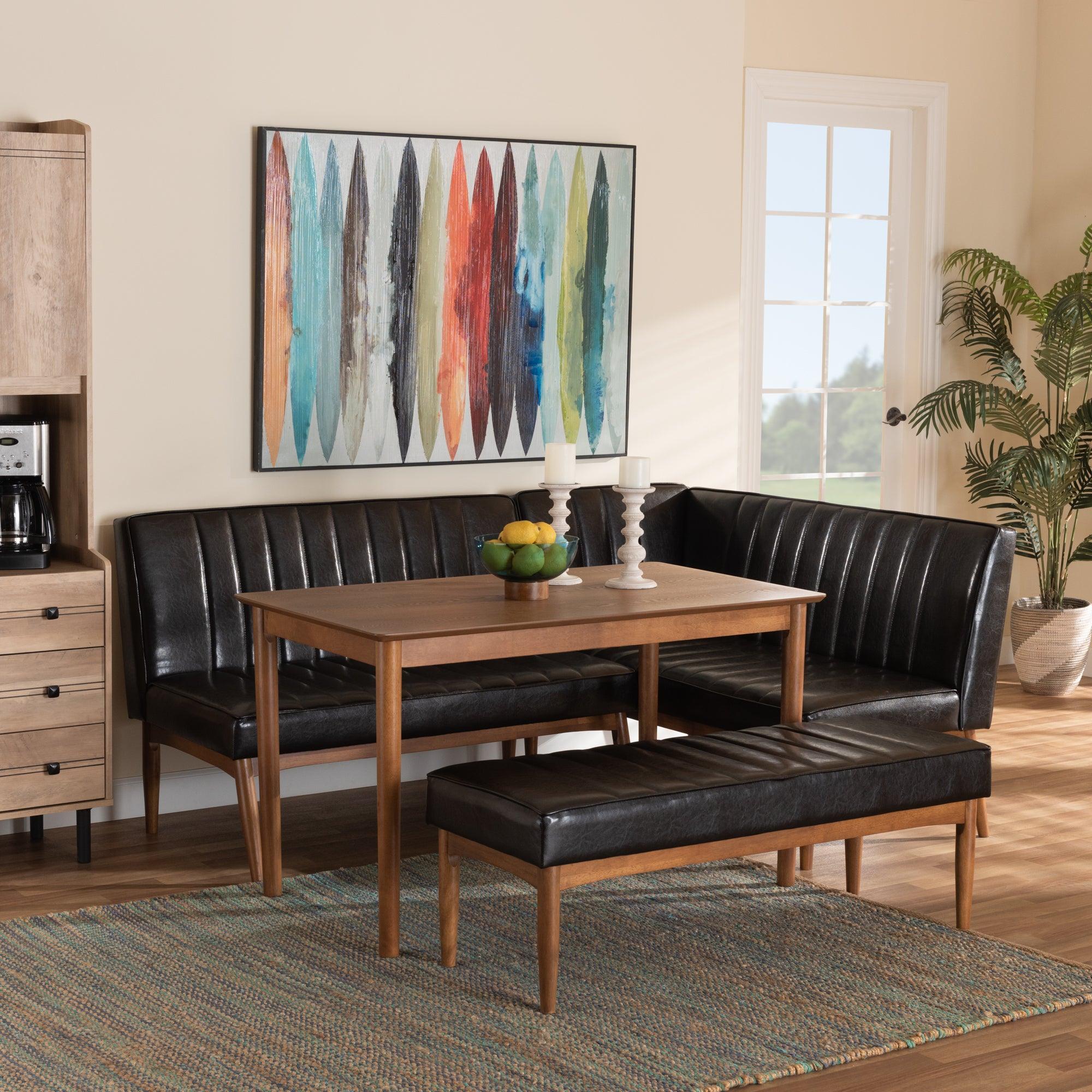 Daymond Mid-Century Modern Faux Leather Upholstered and Finished Wood 4-Piece Dining Nook Set