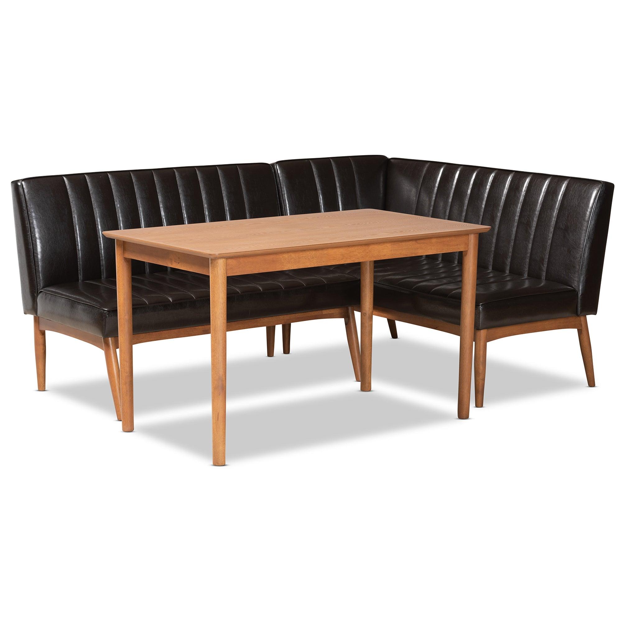 Daymond Mid-Century Modern Faux Leather Upholstered and Finished Wood 3-Piece Dining Nook Set