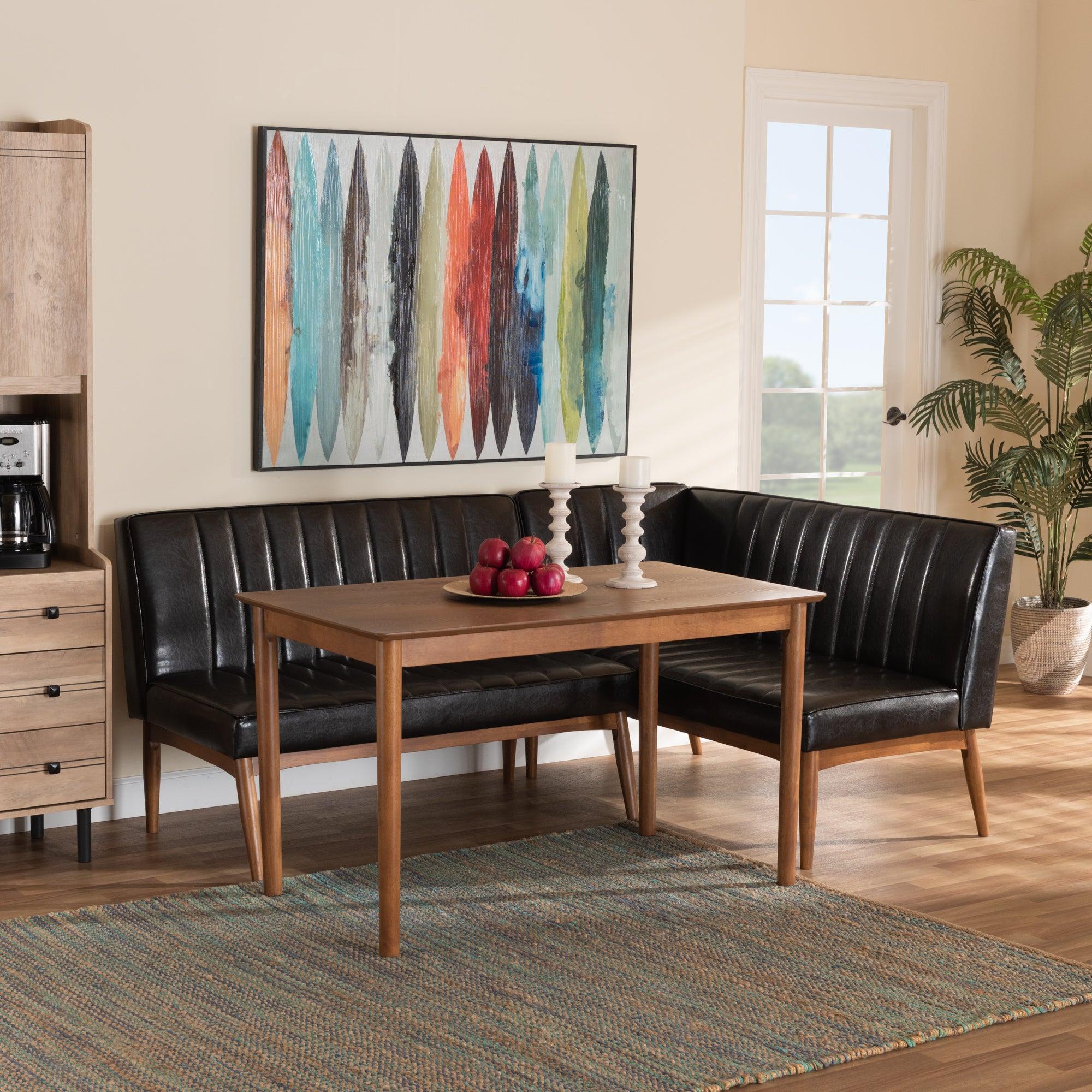 Daymond Mid-Century Modern Faux Leather Upholstered and Finished Wood 3-Piece Dining Nook Set