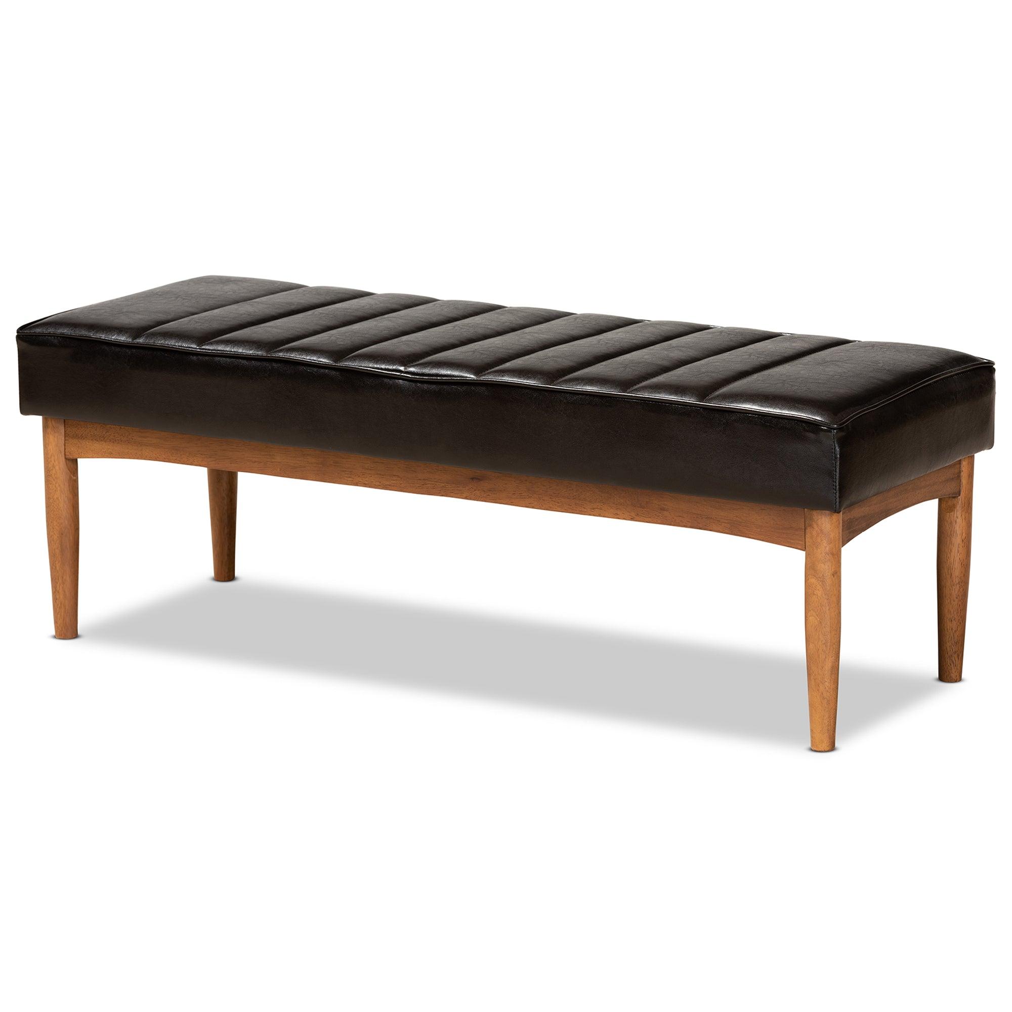 Daymond Mid-Century Modern Faux Leather Upholstered and Finished Wood Dining Bench