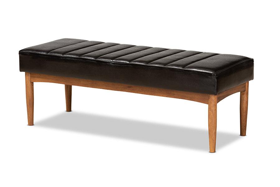 Daymond Mid-Century Modern Faux Leather Upholstered and Finished Wood Dining Bench