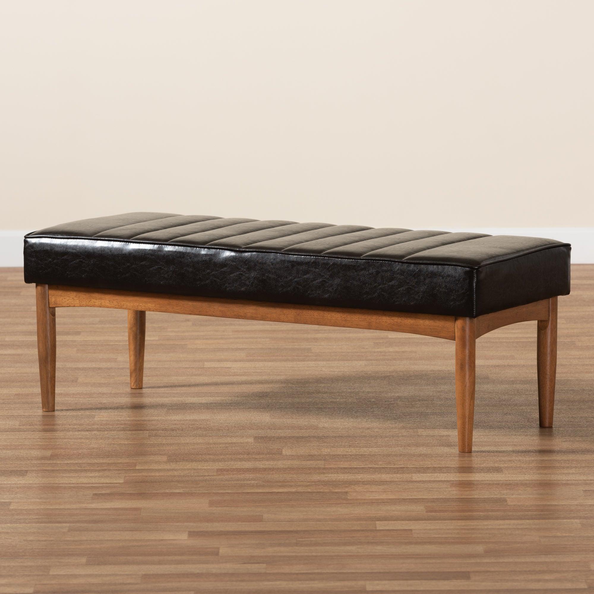 Daymond Mid-Century Modern Faux Leather Upholstered and Finished Wood Dining Bench