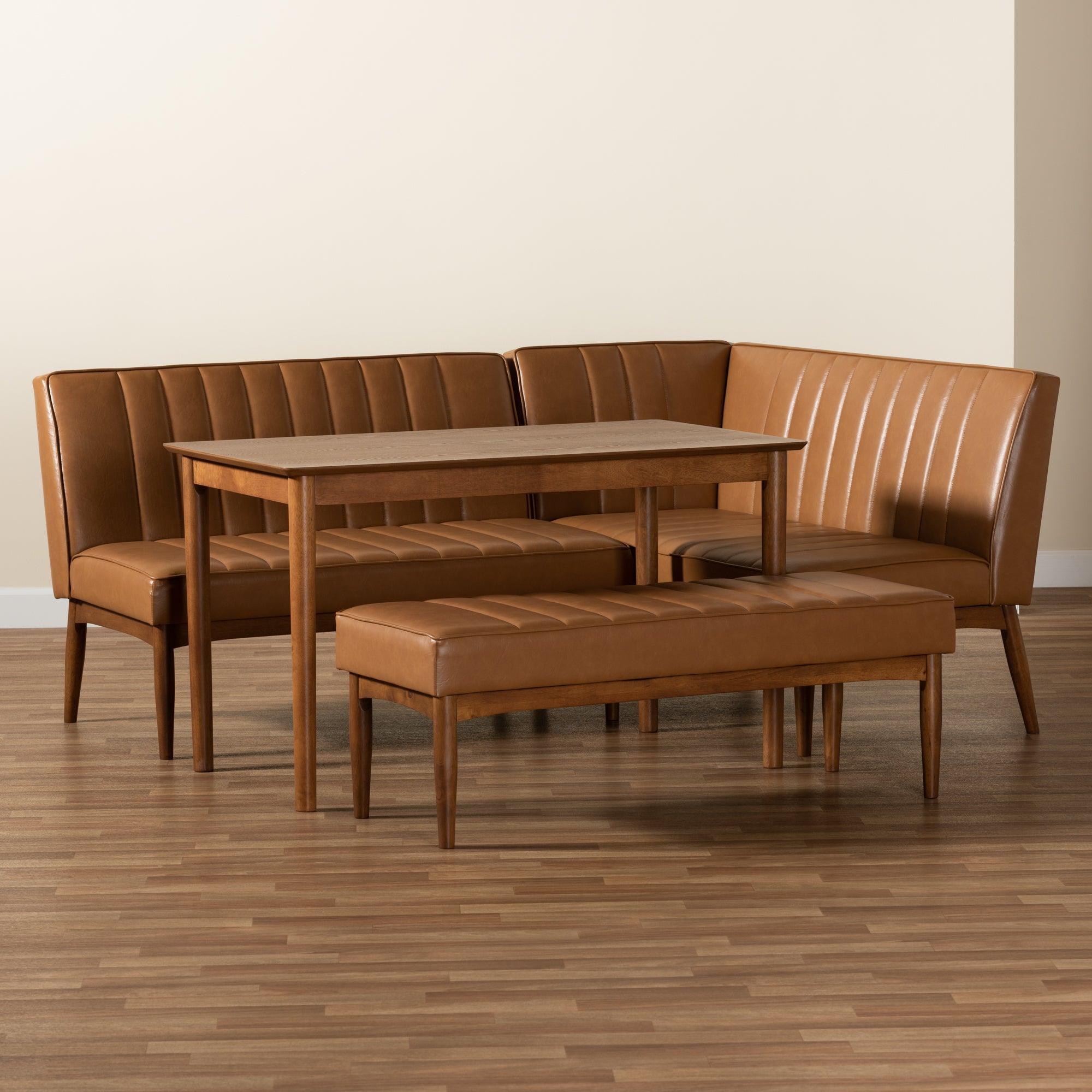 Daymond Mid-Century Modern Faux Leather Upholstered and Finished Wood 4-Piece Dining Nook Set