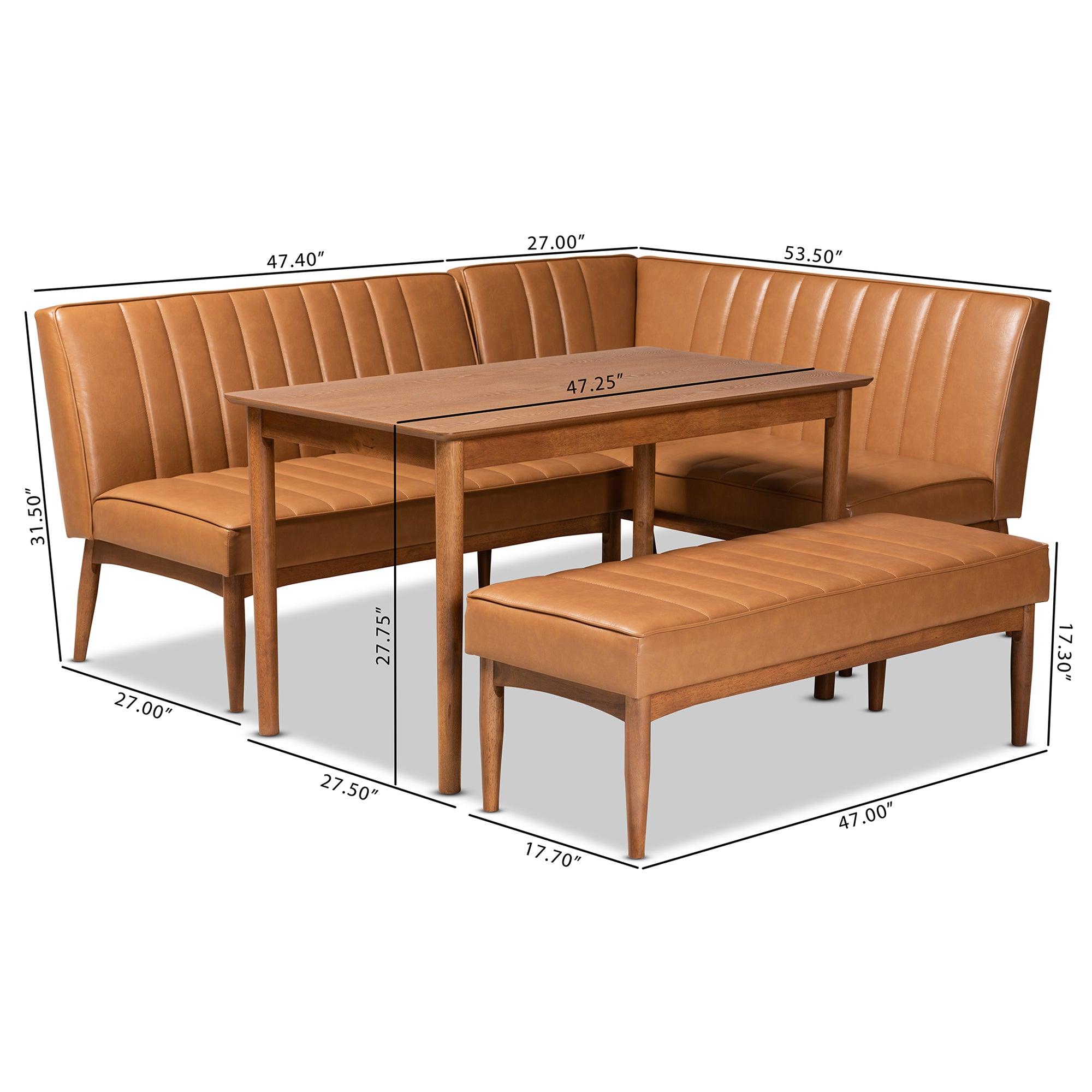 Daymond Mid-Century Modern Faux Leather Upholstered and Finished Wood 4-Piece Dining Nook Set