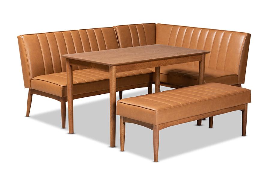 Daymond Mid-Century Modern Faux Leather Upholstered and Finished Wood 4-Piece Dining Nook Set