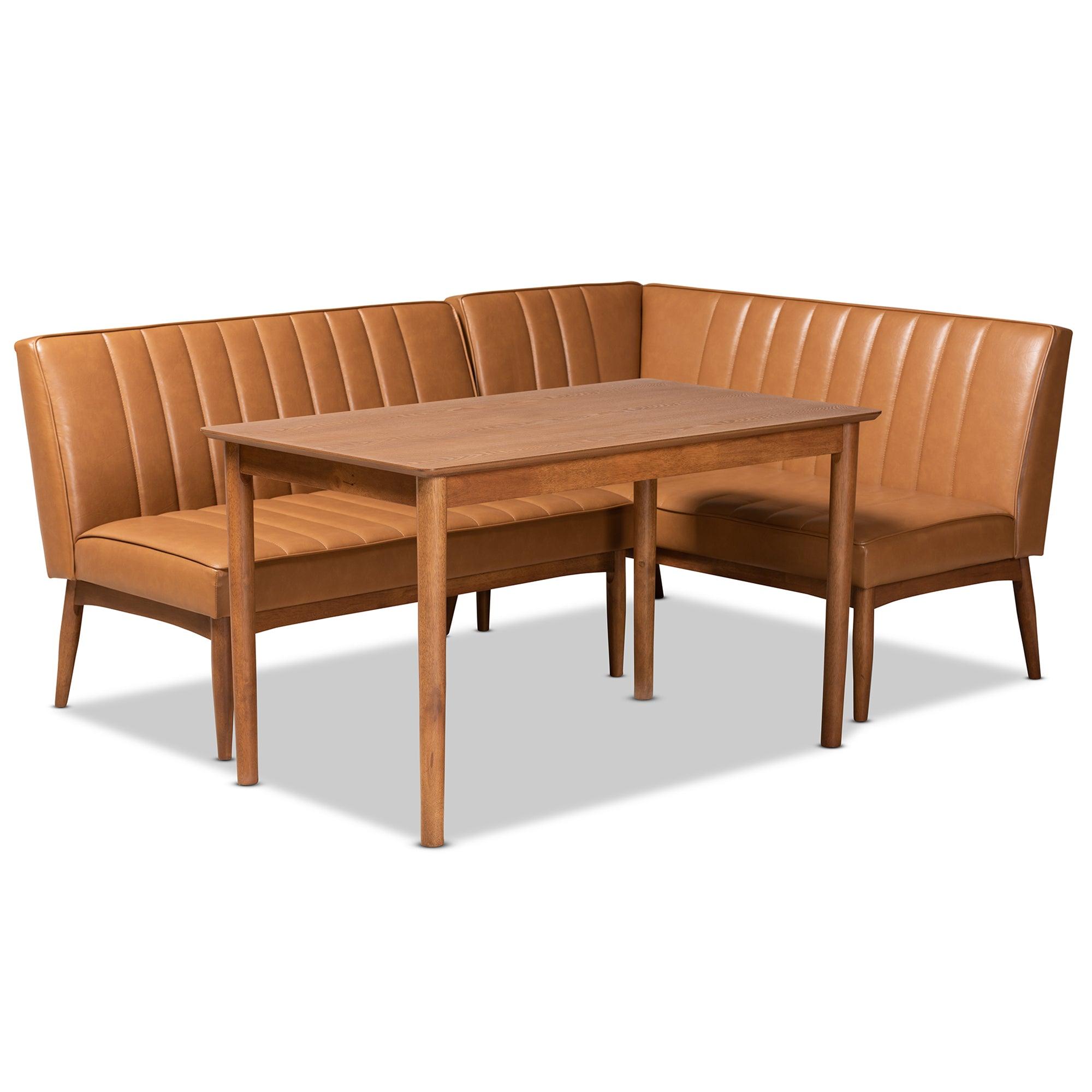 Daymond Mid-Century Modern Faux Leather Upholstered and Finished Wood 3-Piece Dining Nook Set