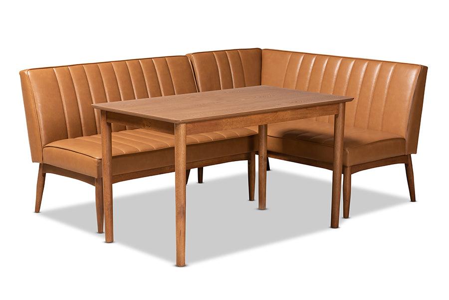 Daymond Mid-Century Modern Faux Leather Upholstered and Finished Wood 3-Piece Dining Nook Set