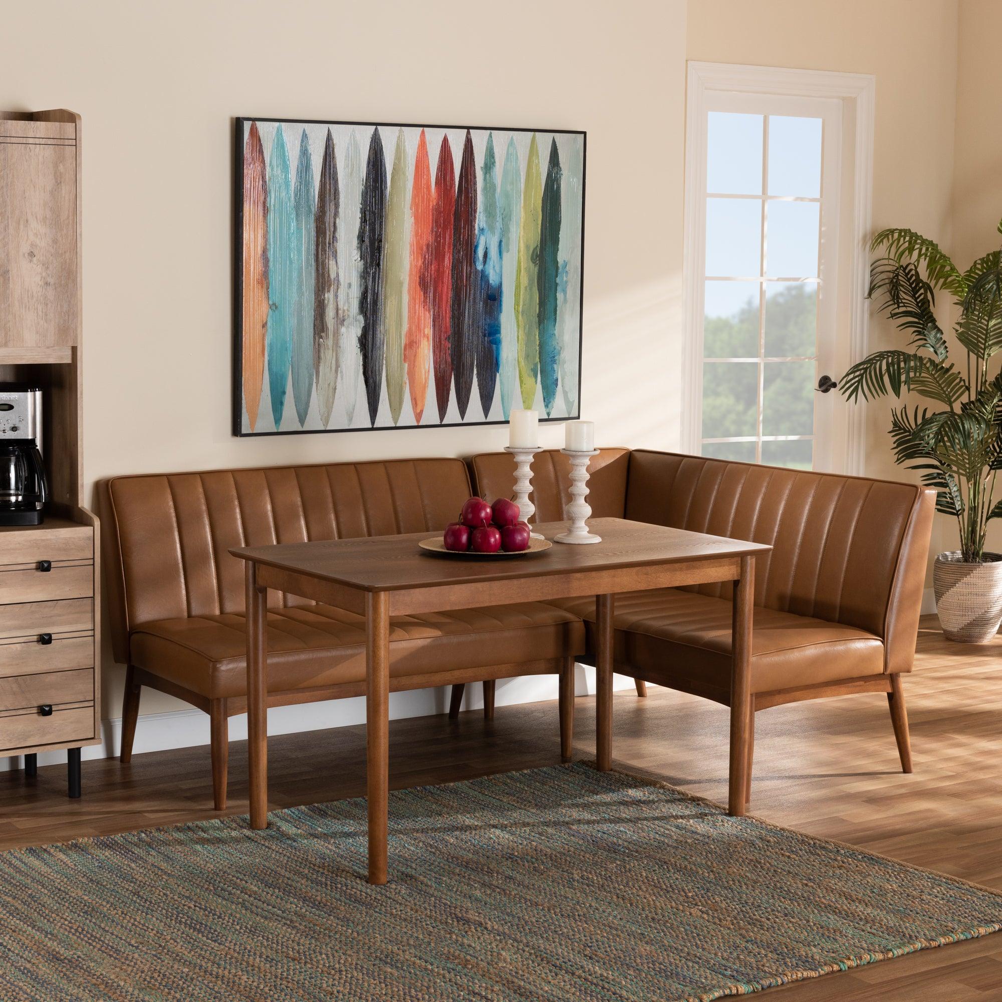 Daymond Mid-Century Modern Faux Leather Upholstered and Finished Wood 3-Piece Dining Nook Set