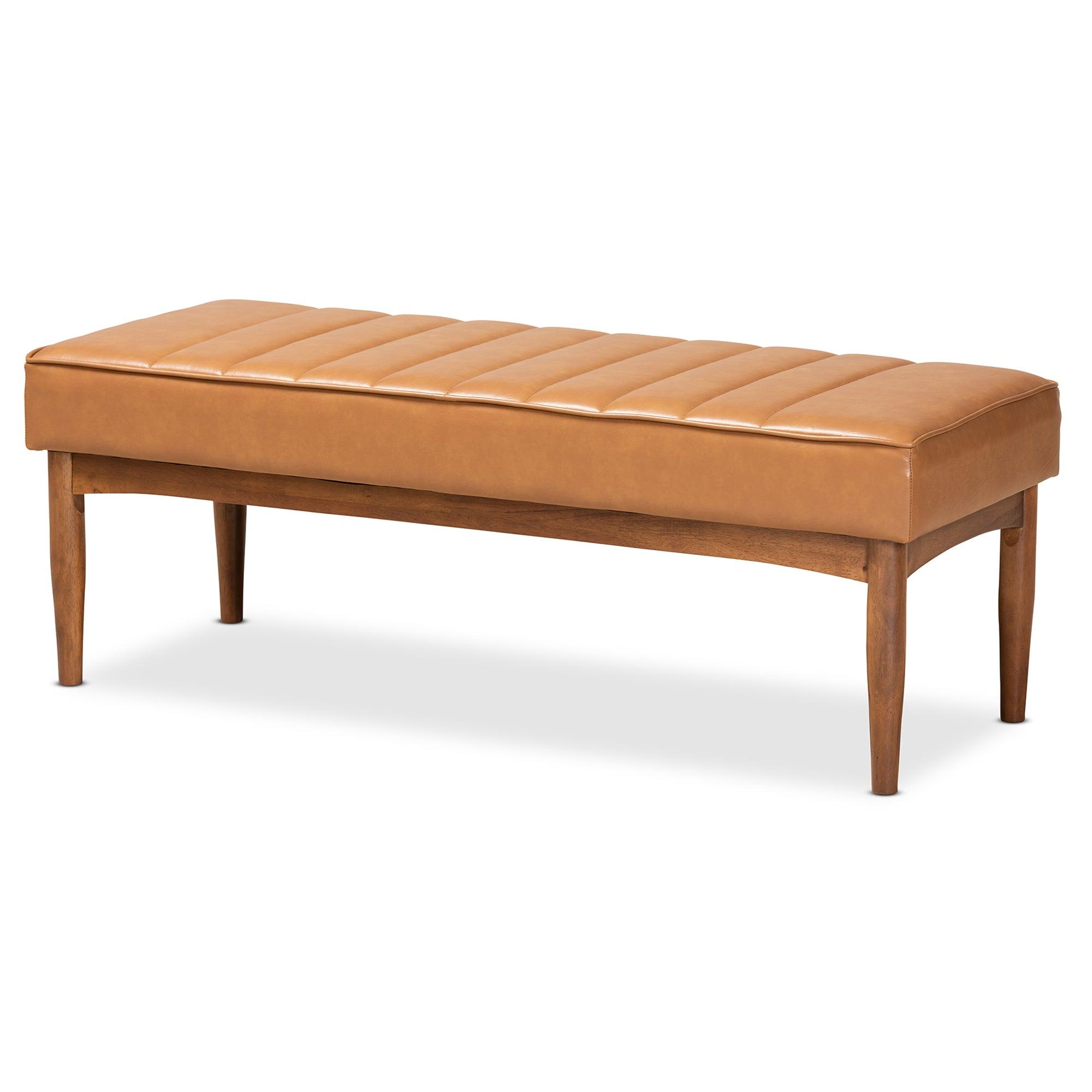 Daymond Mid-Century Modern Faux Leather Upholstered and Finished Wood Dining Bench