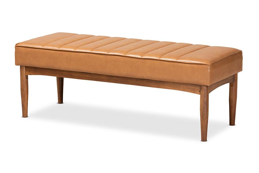 Daymond Mid-Century Modern Faux Leather Upholstered and Finished Wood Dining Bench