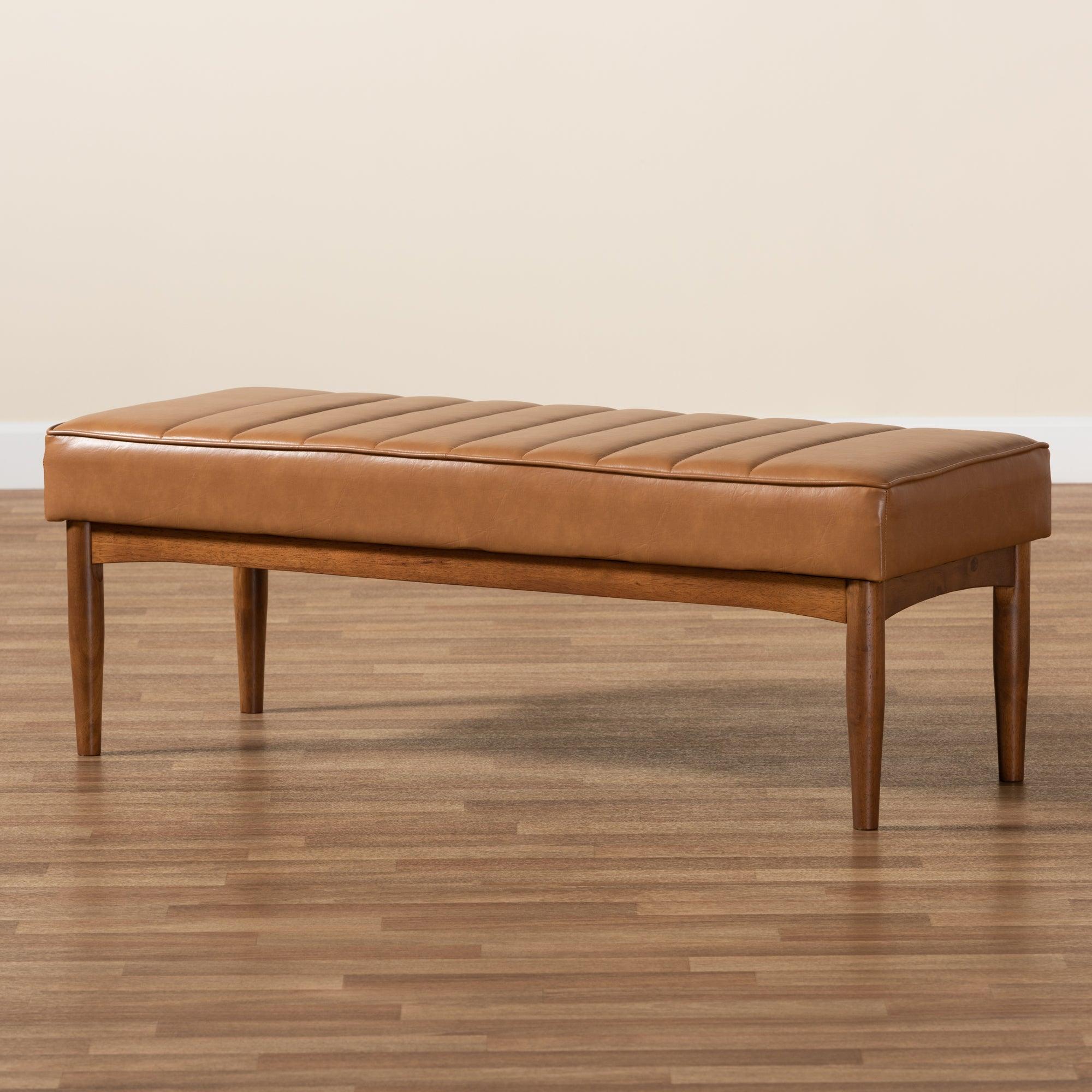 Daymond Mid-Century Modern Faux Leather Upholstered and Finished Wood Dining Bench