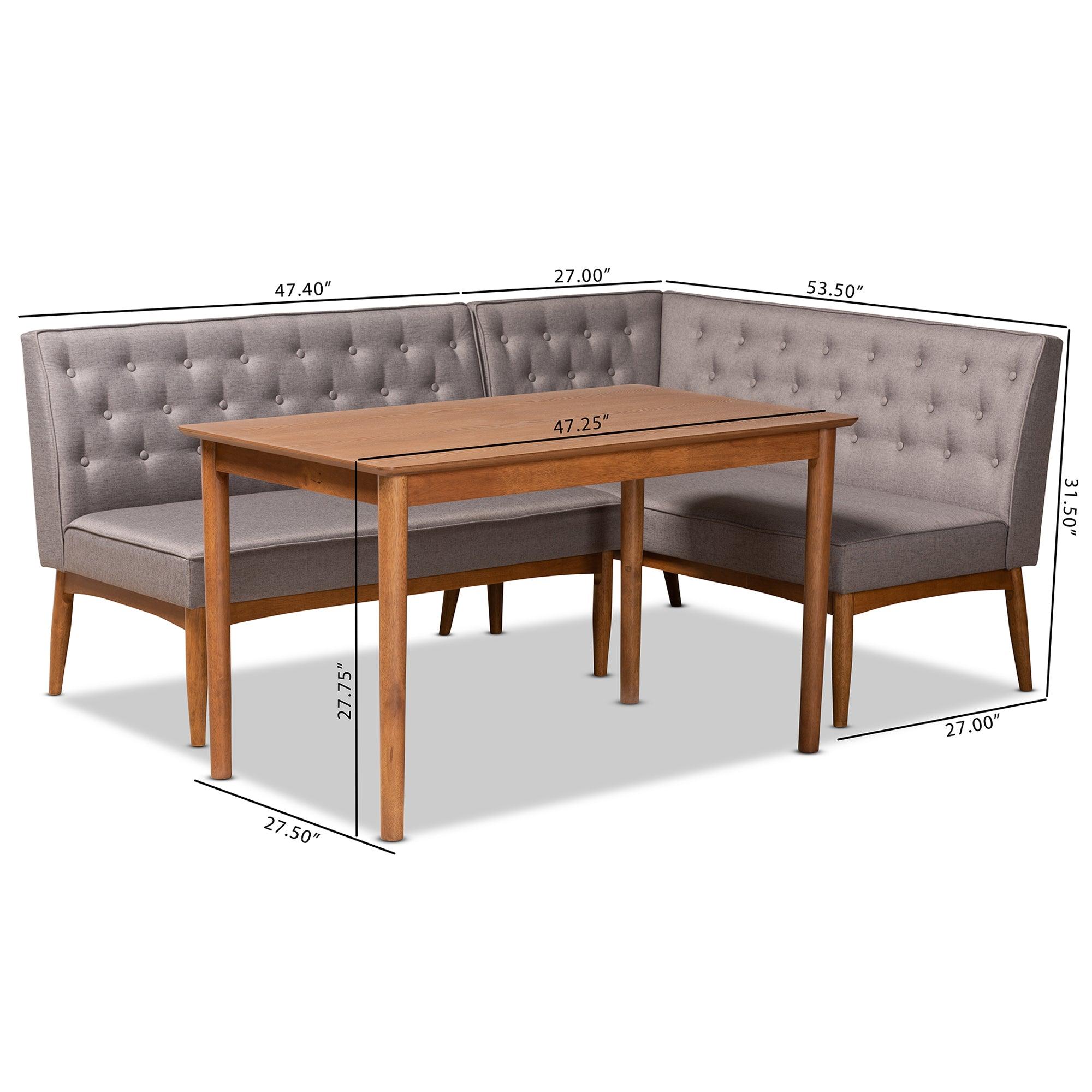 Riordan Mid-Century Modern Fabric Upholstered and Finished Wood 3-Piece Dining Nook Set