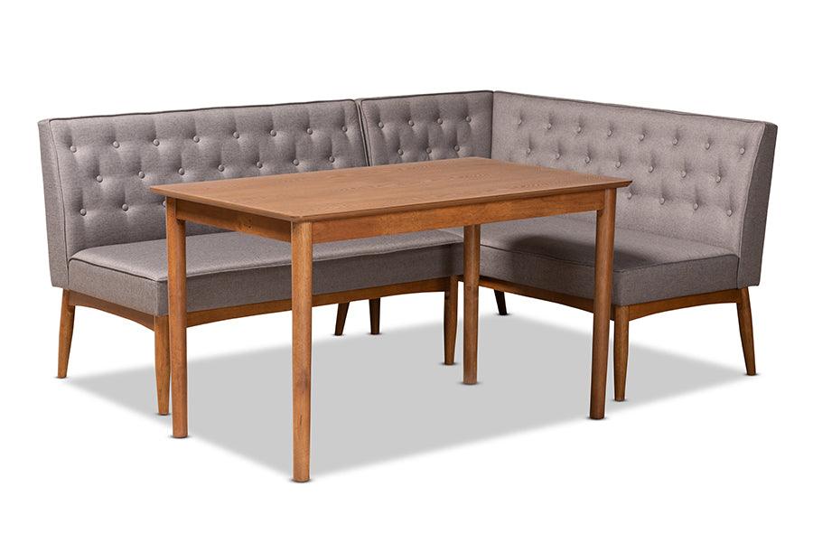 Riordan Mid-Century Modern Fabric Upholstered and Finished Wood 3-Piece Dining Nook Set