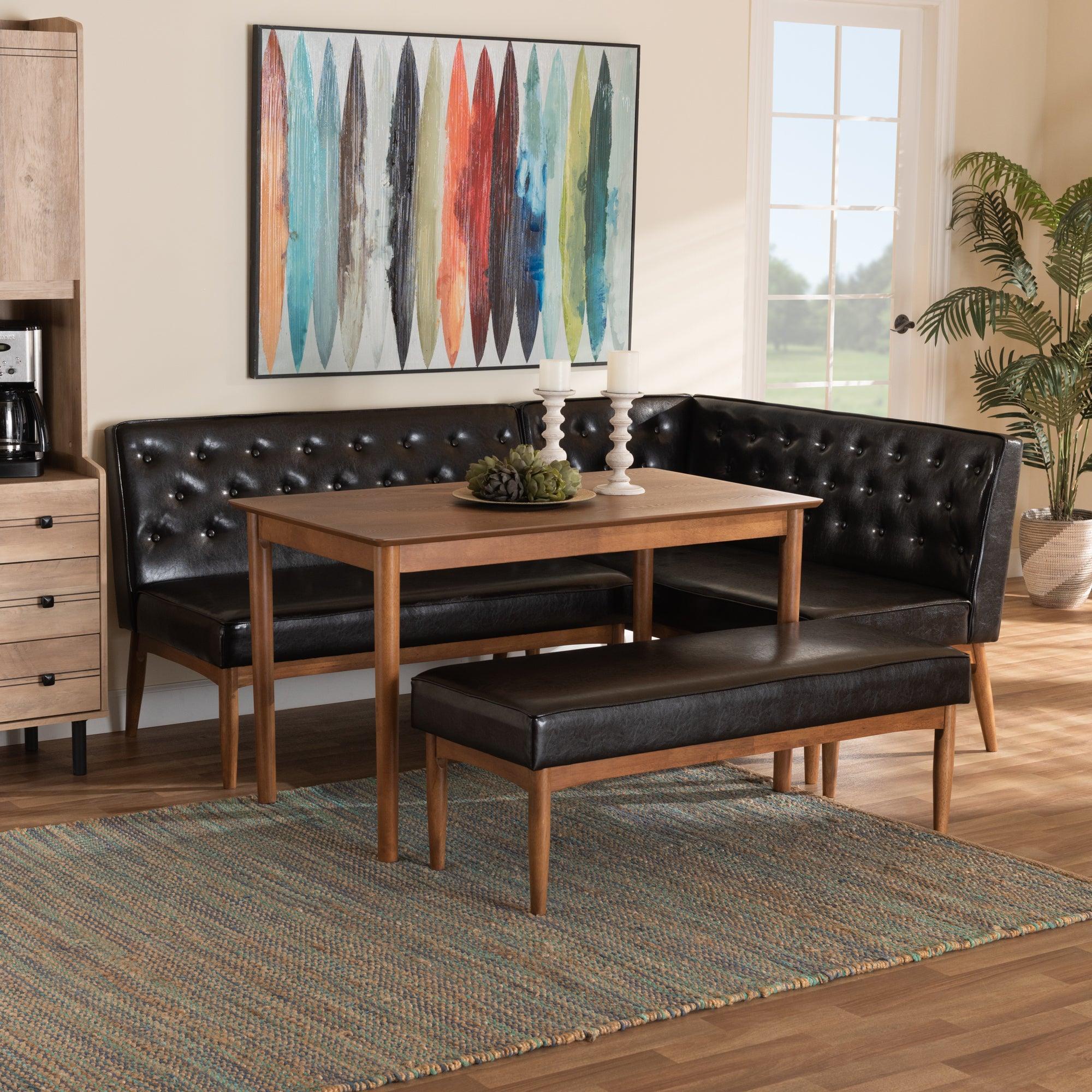 Riordan Mid-Century Modern Faux Leather Upholstered and Finished Wood 4-Piece Dining Nook Set